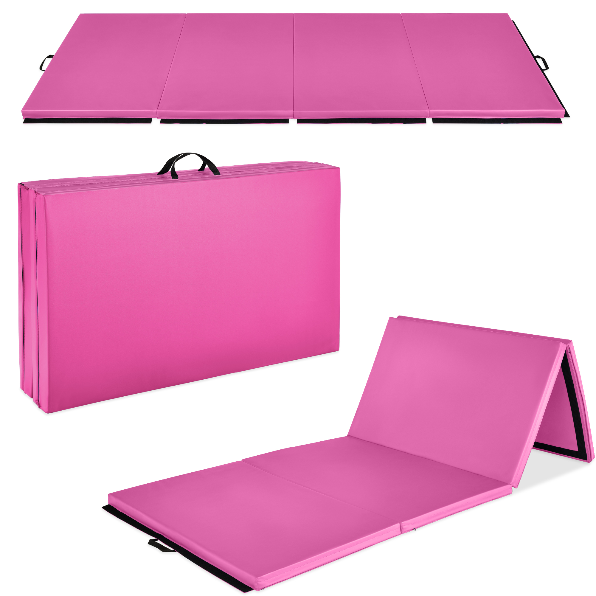 Folding Gymnastics Mat 4-Panel Exercise Workout Fitness Floor Mat w/ Handles, 10ftx4ftx2in - Pink - Best Choice Products Online