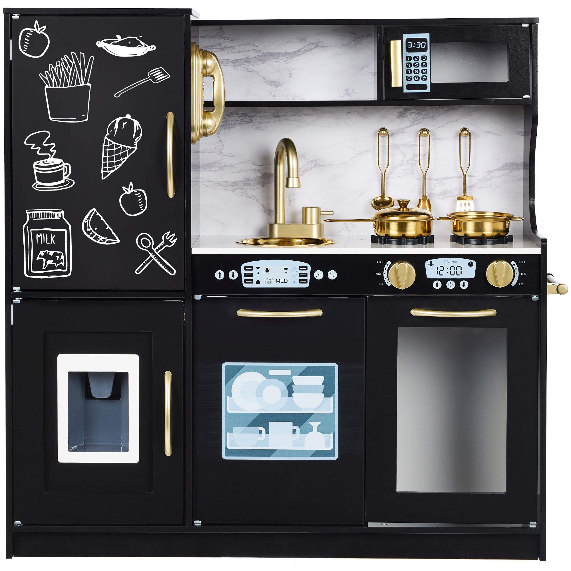 Pretend Play Kitchen Wooden Toy Set for Kids w/ Telephone, Utensils, Oven, Microwave - Black - Best Choice Products Online