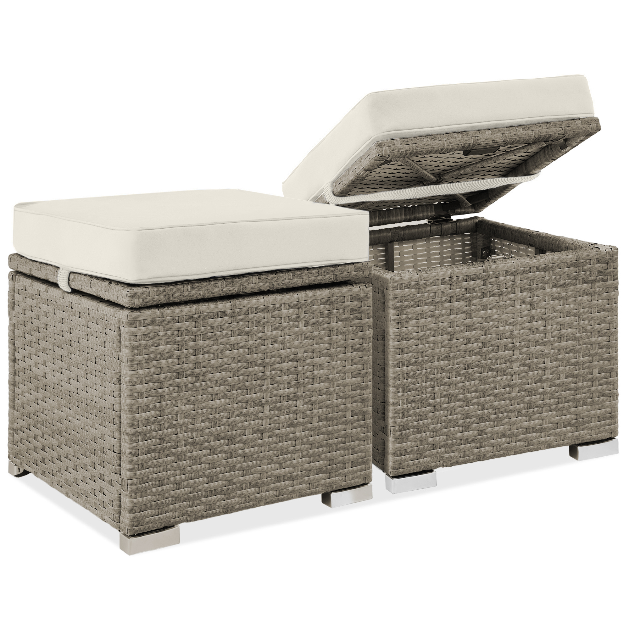 2 Wicker Ottomans, Multipurpose Storage Furniture w/ Removable Cushions, Steel Frame - White Sand/Taupe - Best Choice Products Online