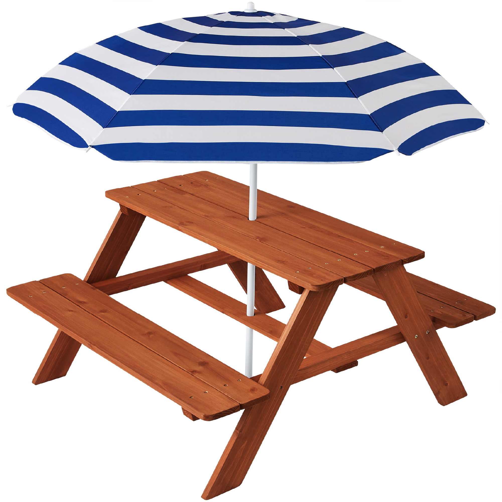 Kids Wooden Picnic Table, Outdoor Activity Table & Bench w/ Adjustable Umbrella - Golden Brown/Navy - Best Choice Products Online