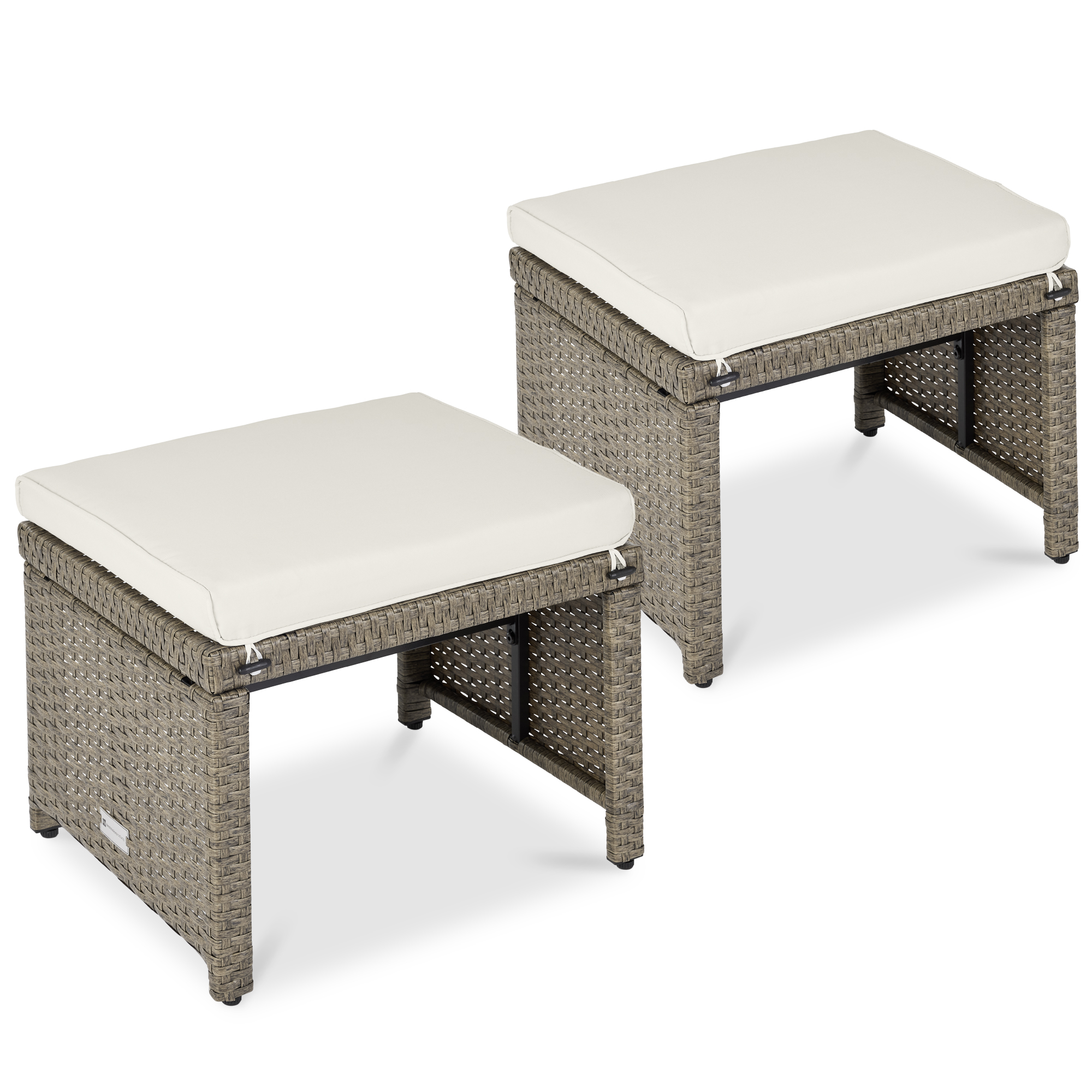 Multipurpose Patio Wicker Ottomans w/ Removable Cushions, Steel Frame, Set of 2 - White Sand/Taupe - Best Choice Products Online