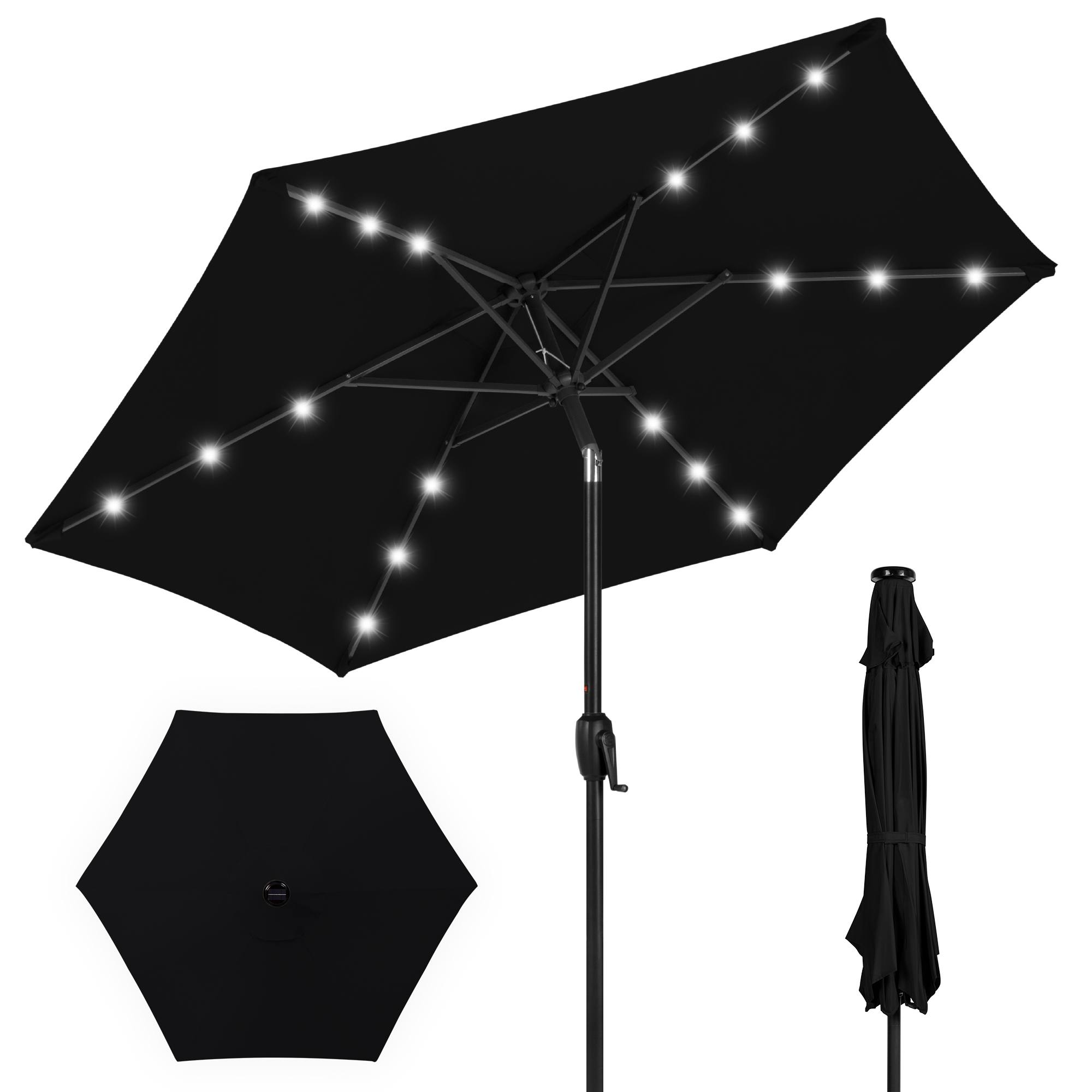 7.5ft Patio Umbrella w/ Solar LED Lights For Deck, Pool w/ Push Button Tilt & Easy Crank Lift - Black | Best Choice Products Online