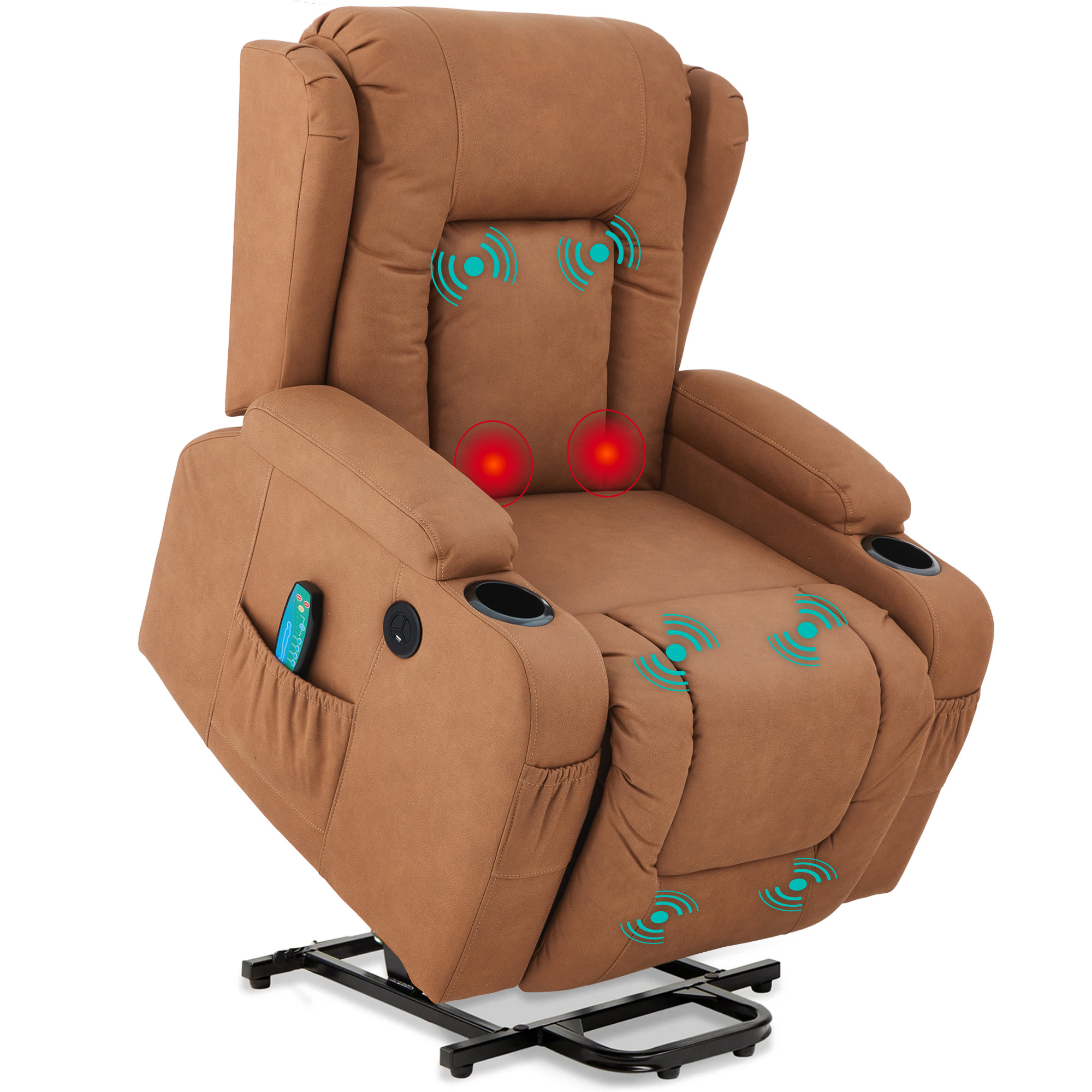 Power Lift Recliner Massage Chair Furniture w/ USB Port, Heat, Cupholders - Cognac - Best Choice Products Online