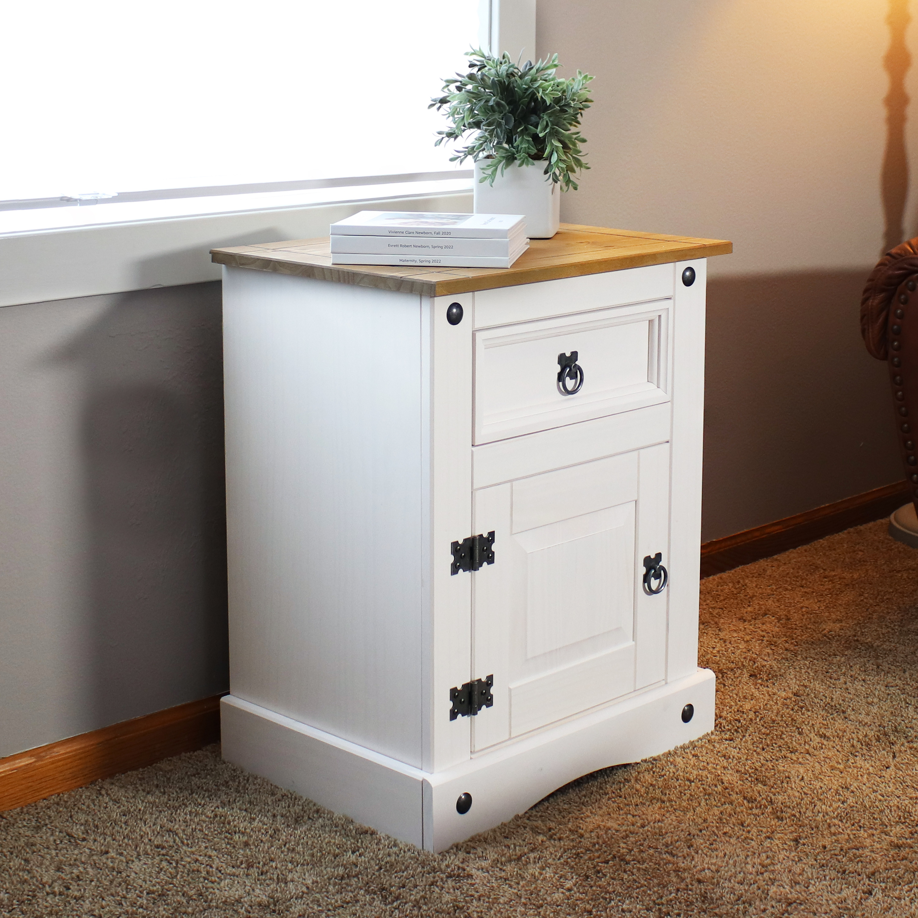 Solid Pine End Table with Drawer and Door - White