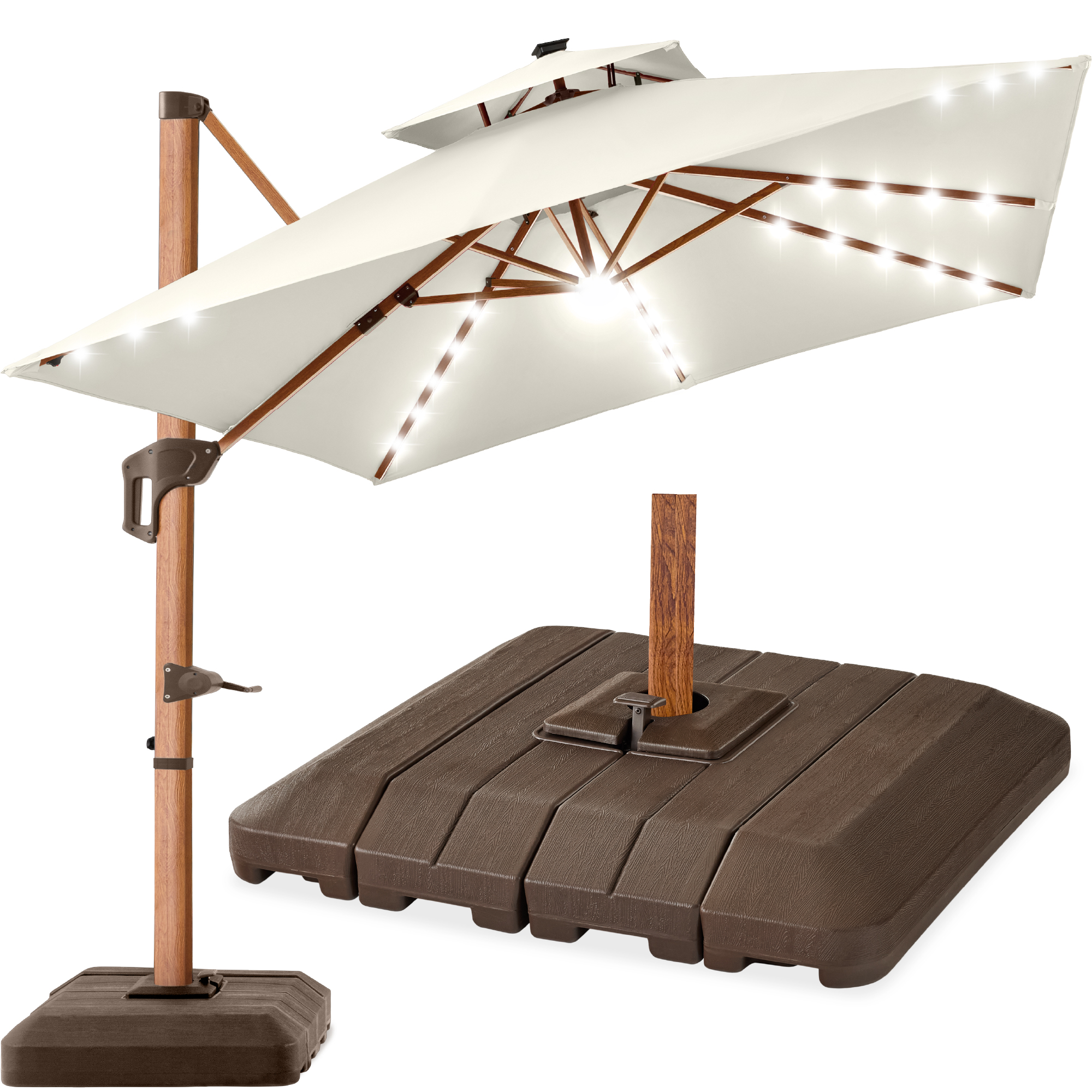 10ft Square Woodgrain Pattern 2-Tier Outdoor Solar LED Cantilever Umbrella w/ Base - Ivory - Best Choice Products Online
