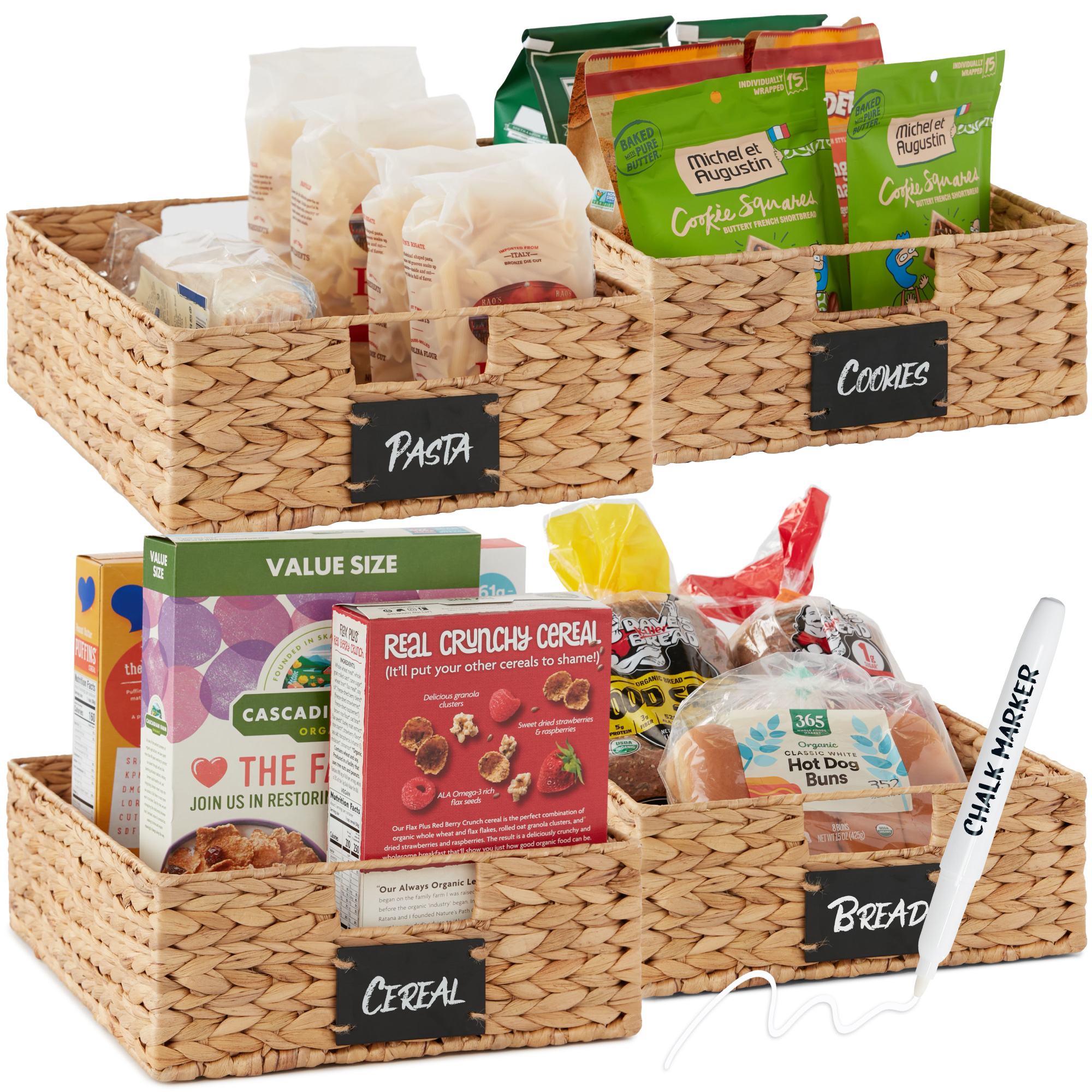 4 Woven Water Hyacinth Pantry Baskets w/ Chalkboard Label, Chalk Marker, 16x12in - Natural - Best Choice Products Online