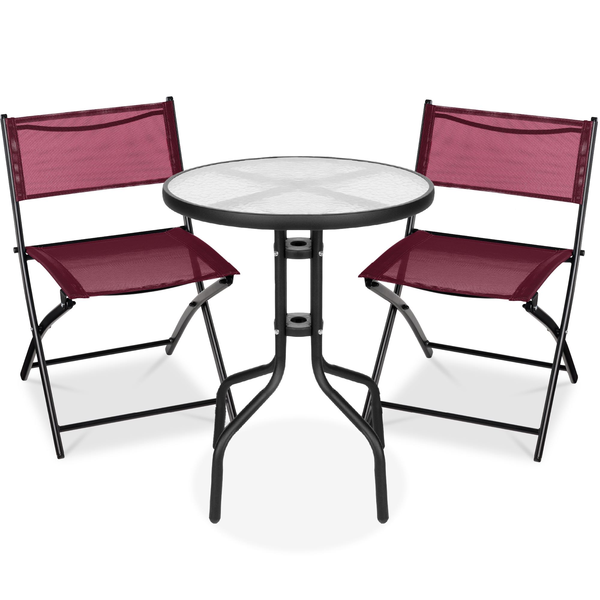 3-Piece Patio Bistro Dining Furniture Set w/ Glass Tabletop, Folding Chairs - Burgundy - Best Choice Products Online