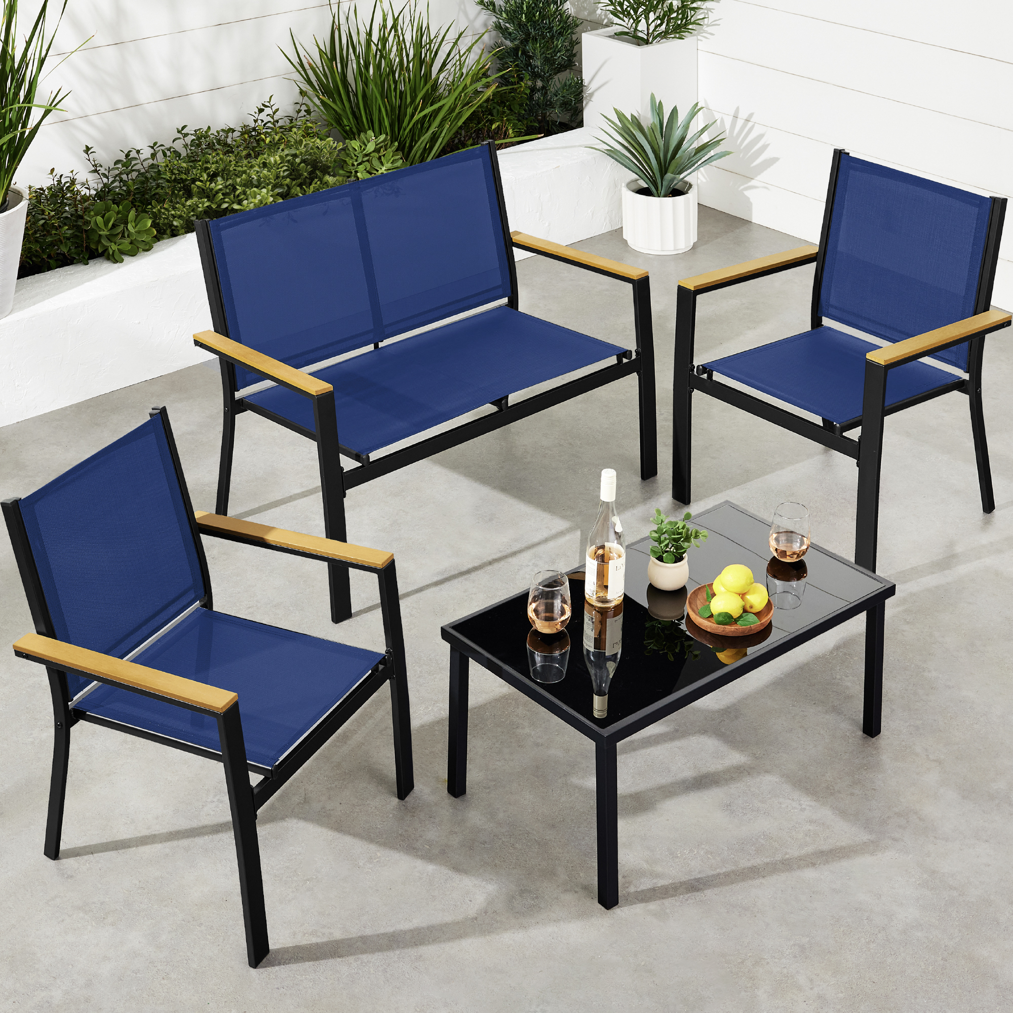 4-Piece Textilene Outdoor Patio Conversation Furniture Set w/ Loveseat, Table - Black/Navy - Best Choice Products Online