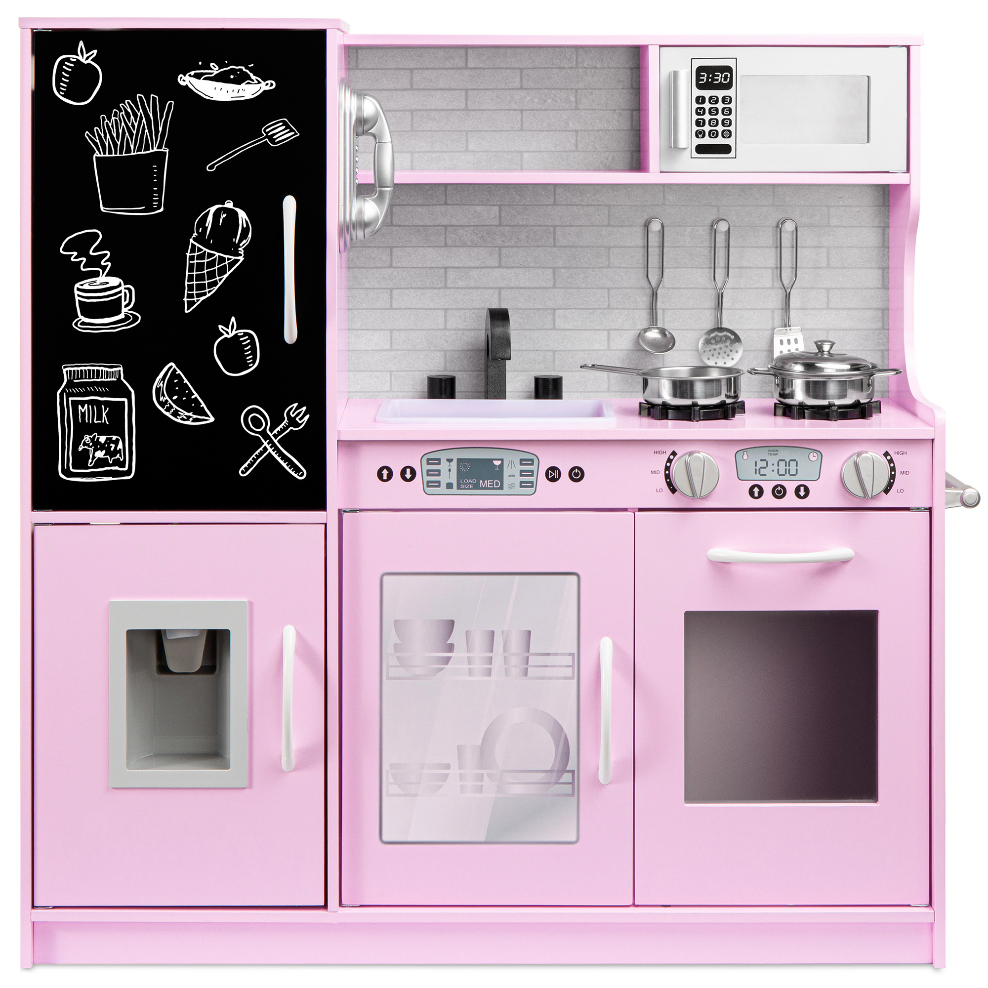 Pretend Play Kitchen Wooden Toy Set for Kids w/ Telephone, Utensils, Oven, Microwave - Pink - Best Choice Products Online