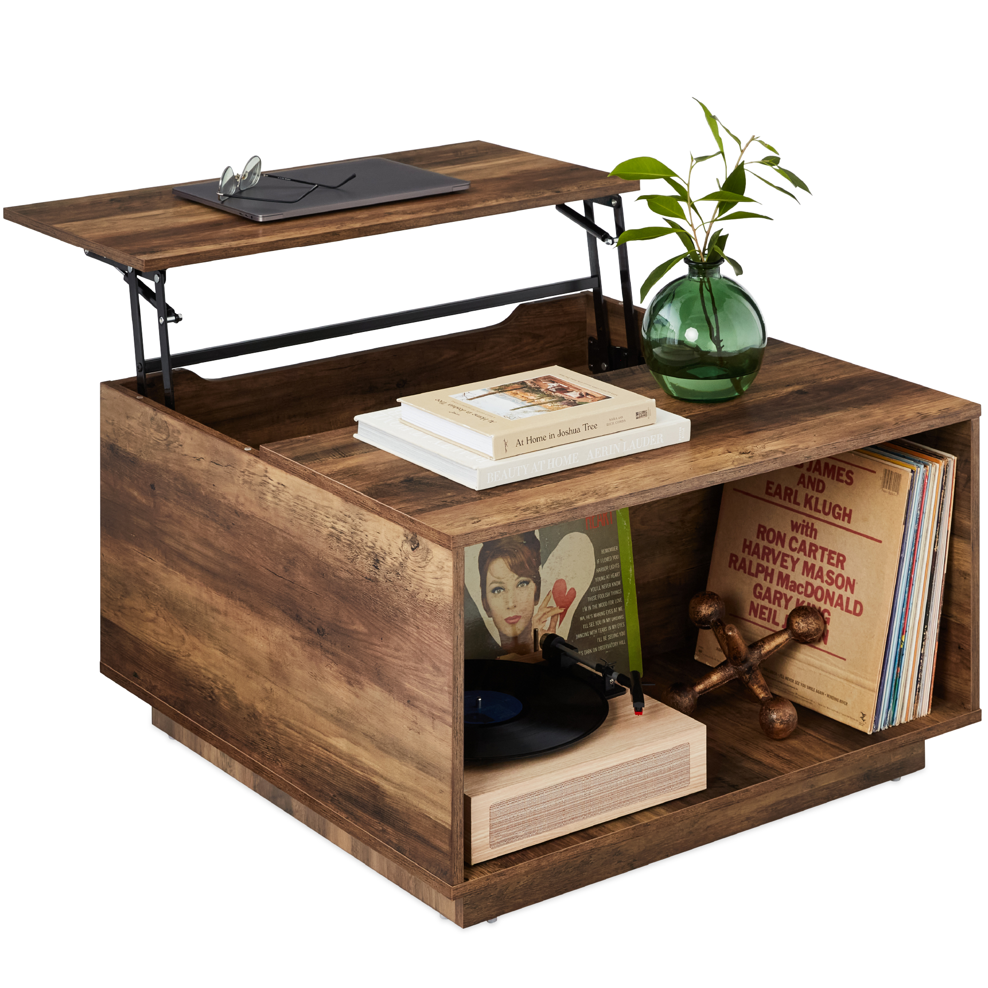 Square Rustic Modern Lift Top Coffee Table w/ Cubby, Non-Scratch Pads - Brown - Best Choice Products Online