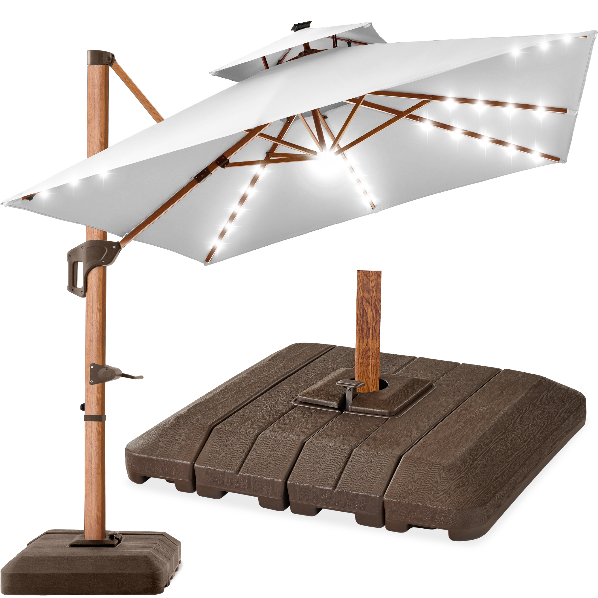 10ft Square Woodgrain Pattern 2-Tier Outdoor Solar LED Cantilever Umbrella w/ Base - Fog Gray - Best Choice Products Online
