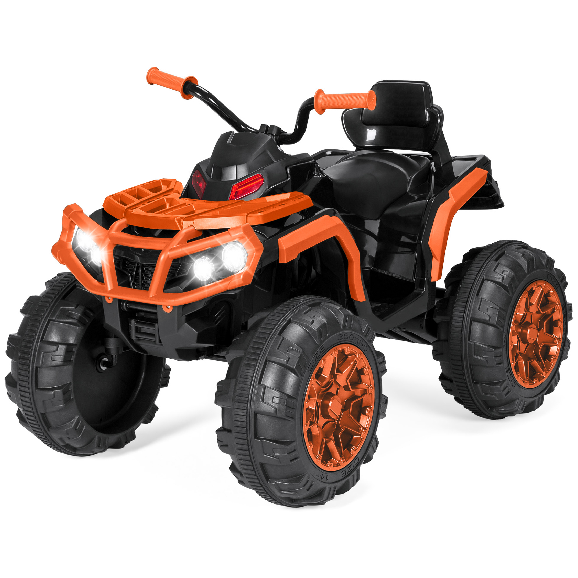 Kids ATV, 12V Battery Power 4-Wheel Super Quad Driving Car Toy w/ LED Headlights, Bluetooth, Treaded Tires, Radio - Orange - Best Choice Products