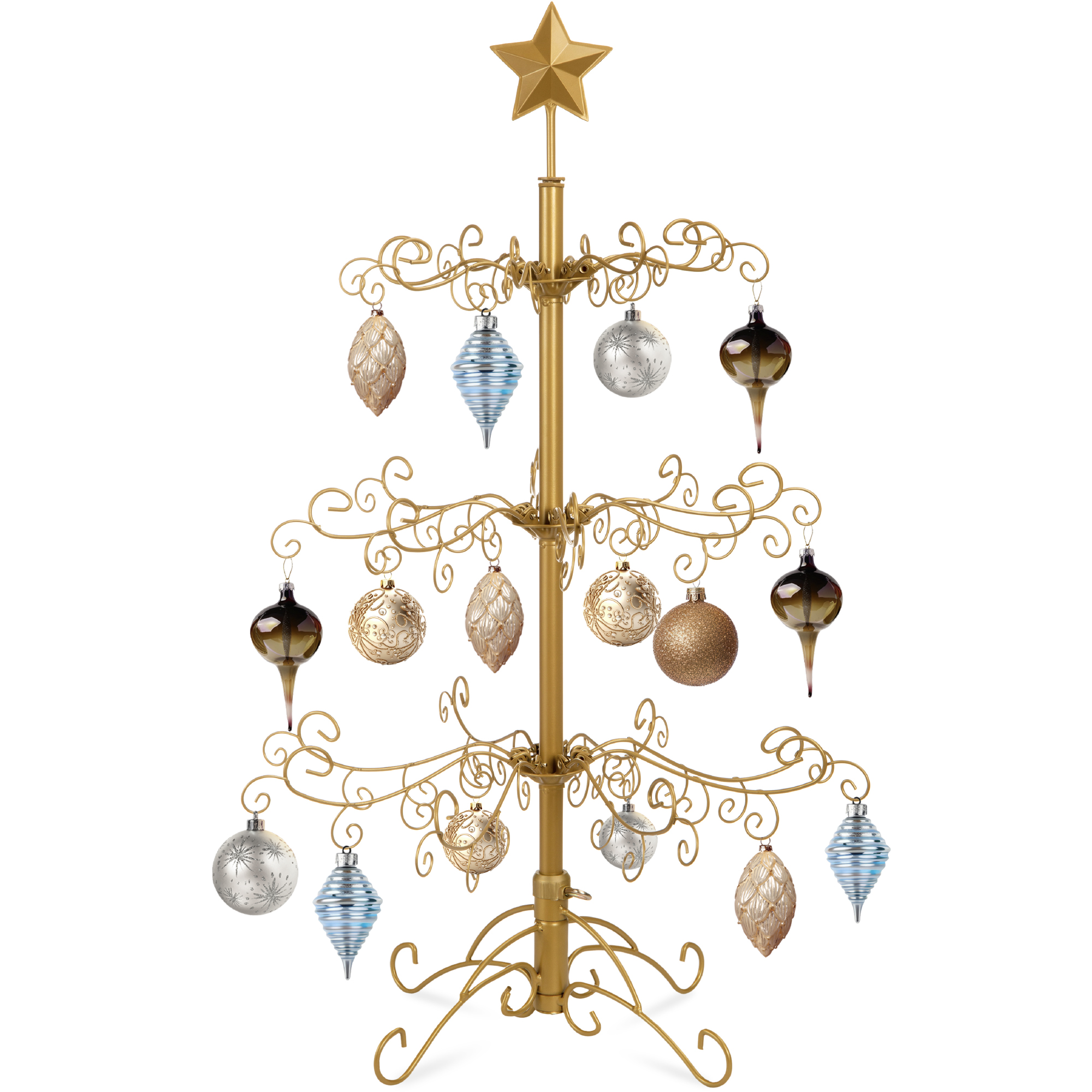 Ornament Display Christmas Trees 3ft - Metal Wire, Wrought Iron Ornament Christmas Tree w/ Easy Assembly, Stand - Gold