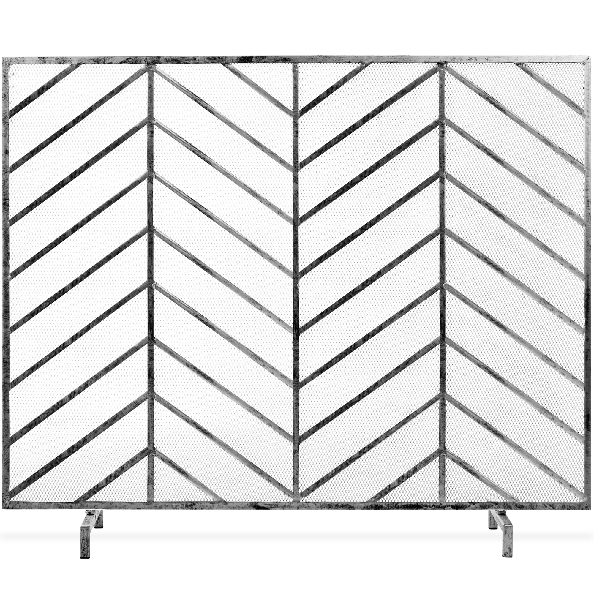 Single Panel Handcrafted Iron Chevron Fireplace Screen w/ Distressed Finish - 38in x 31in, Pewter | Best Choice Products Online