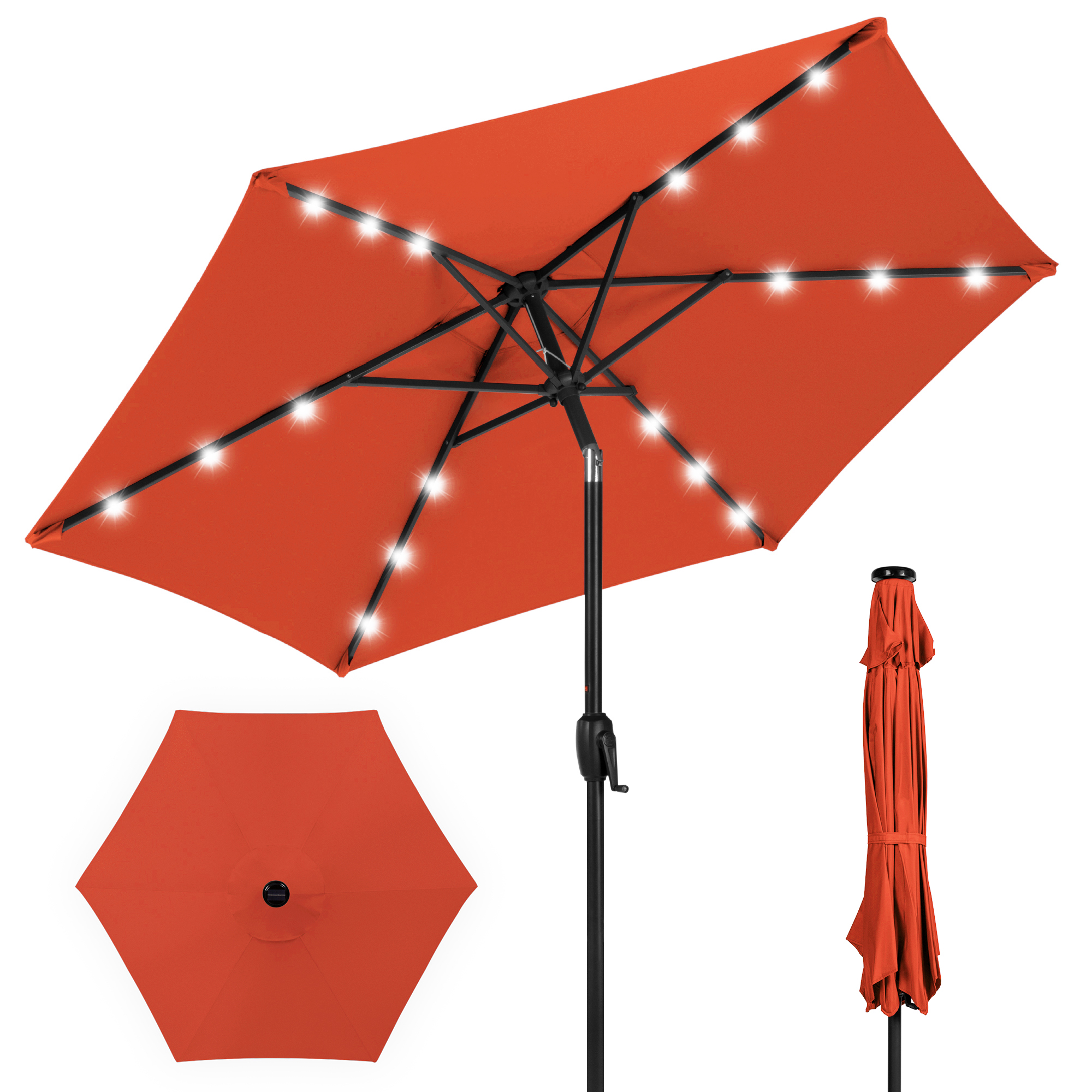 7.5ft Patio Umbrella w/ Solar LED Lights For Deck, Pool w/ Push Button Tilt & Easy Crank Lift - Rust - Best Choice Products Online