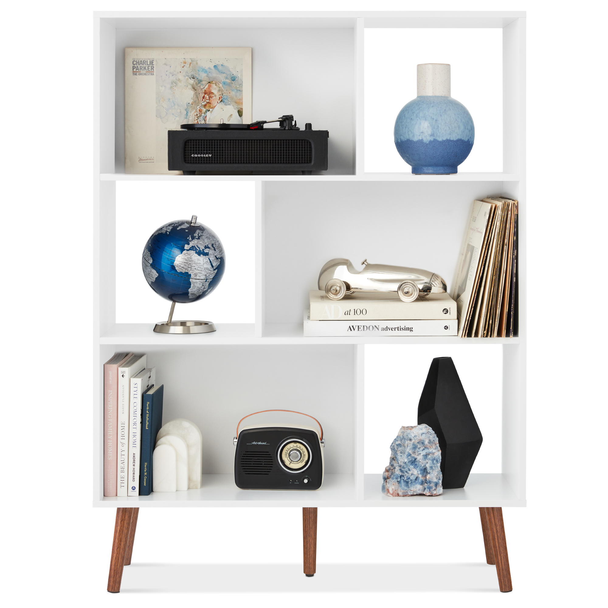 3-Tier Mid-Century Modern Wooden Bookcase w/ Removable Back Panels, Offset Pine Legs - White/Brown - Best Choice Products Online
