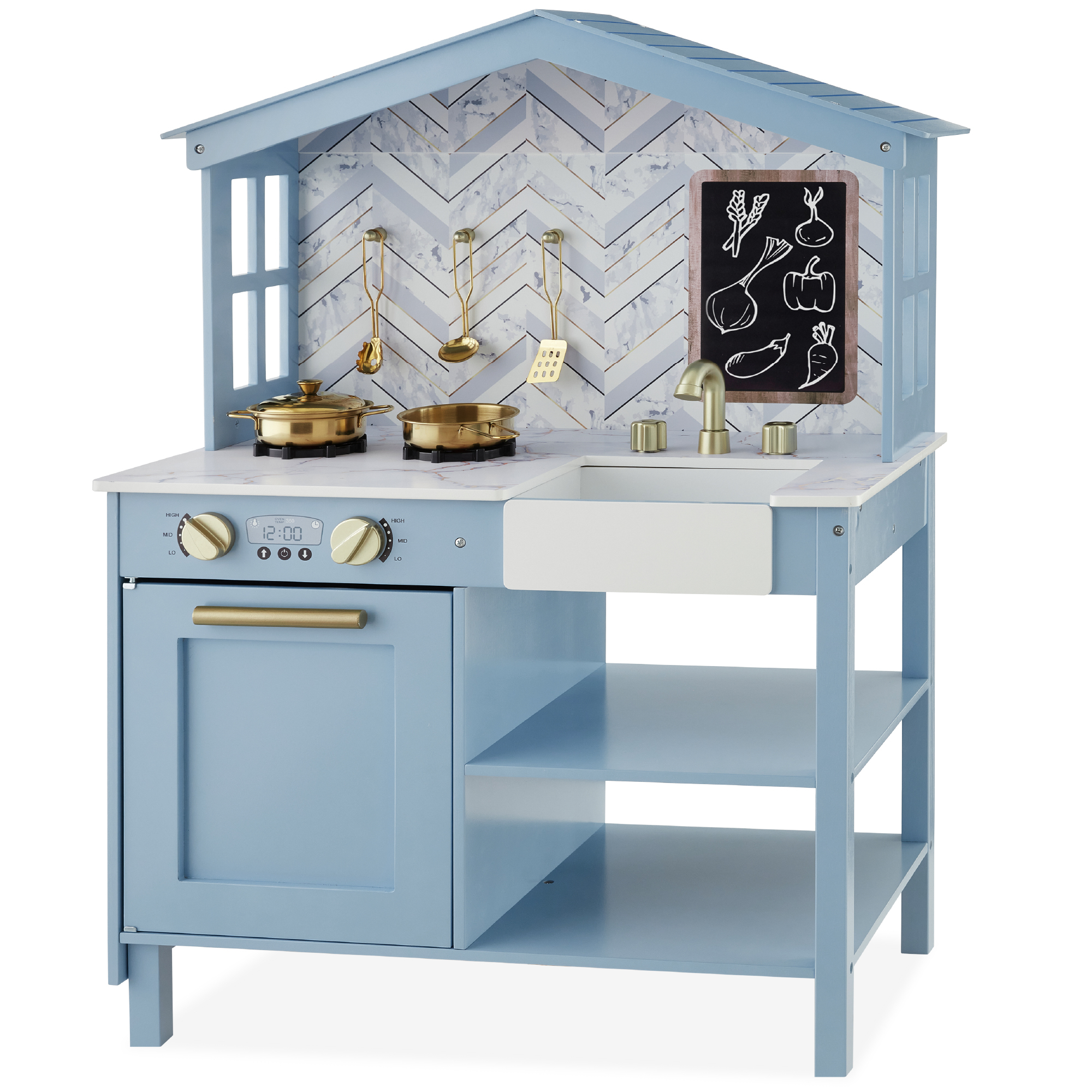 Farmhouse Wooden Play Kitchen Toy Set For Kids w/ Chalkboard, Storage Shelves, 5 Accessories - Beveled Blue - Best Choice Products Online