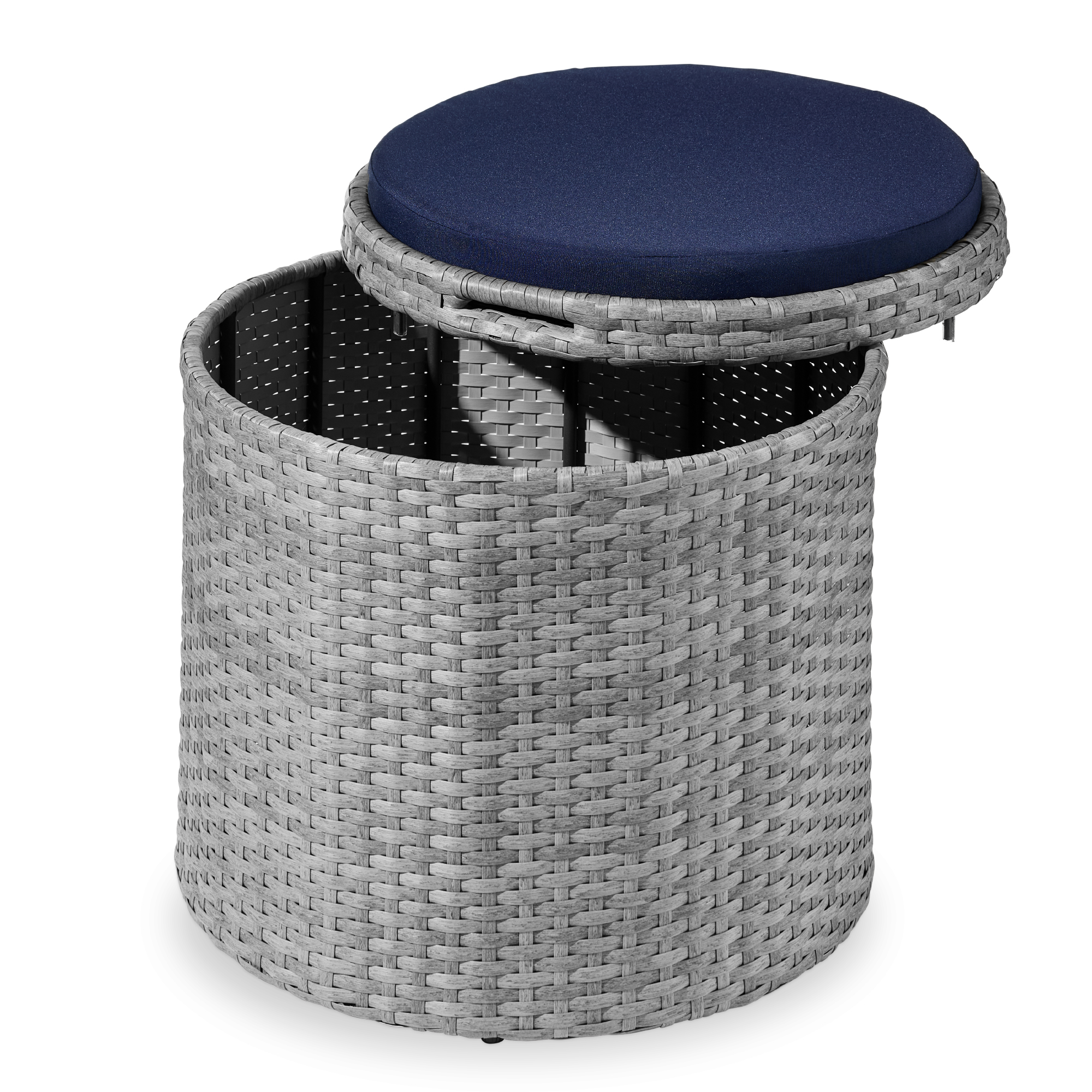Round Wicker Ottoman, Multipurpose Furniture w/ Removable Cushion, Steel Frame - Gray/Navy - Best Choice Products Online