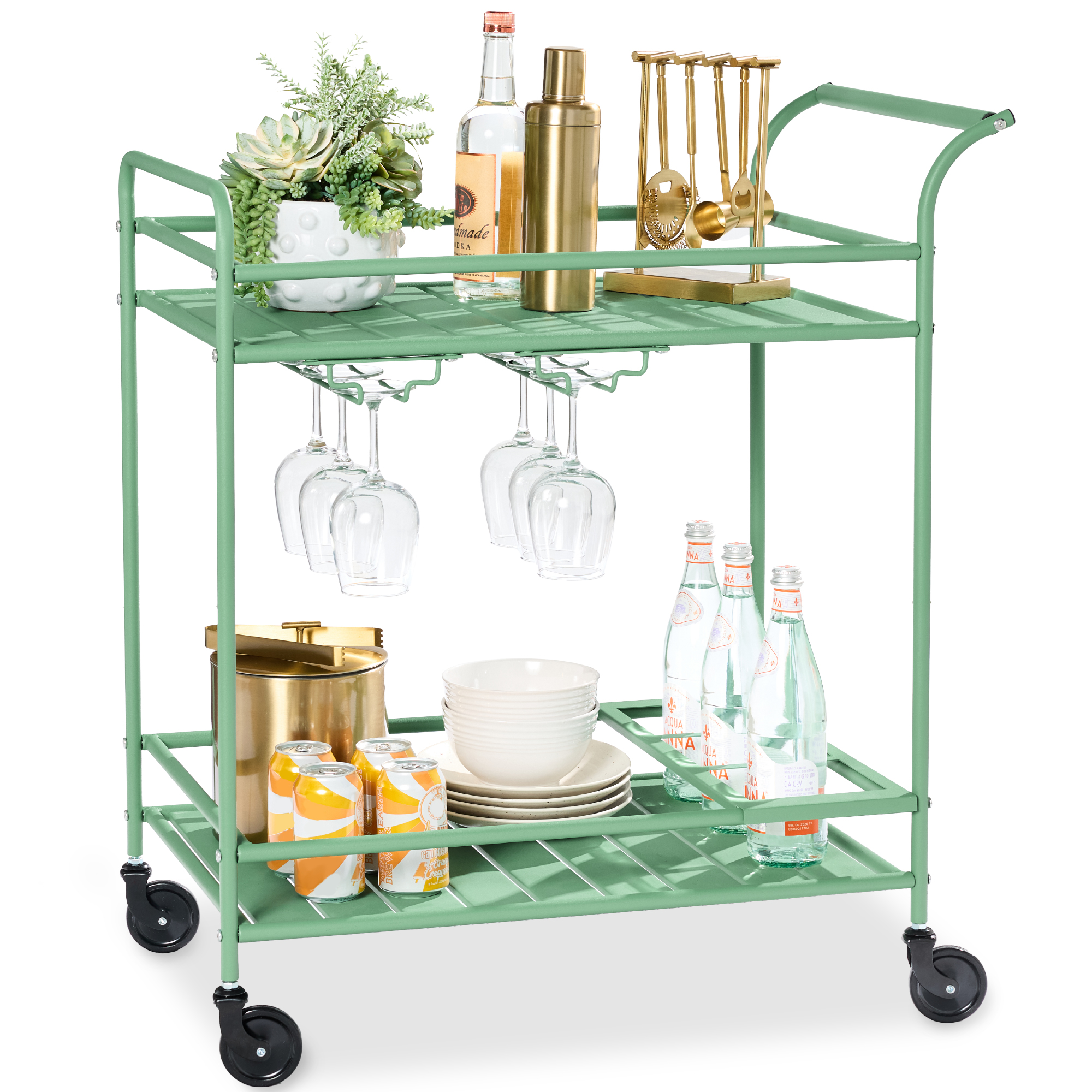 2-Tier Rolling Bar Cart Indoor/Outdoor w/ Storage Shelves, Wine Rack, Lockable Wheels - Sage - Best Choice Products Online