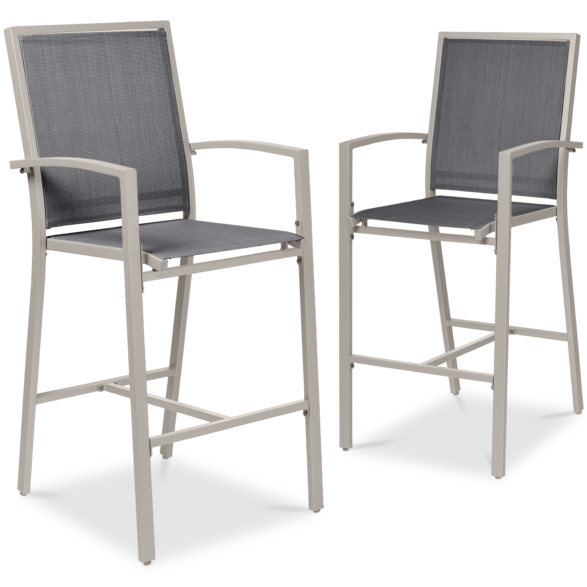 Outdoor Barstools Set of 2, Bar Height Patio Chairs w/ All-Weather Mesh - Taupe/Charcoal - Best Choice Products Online
