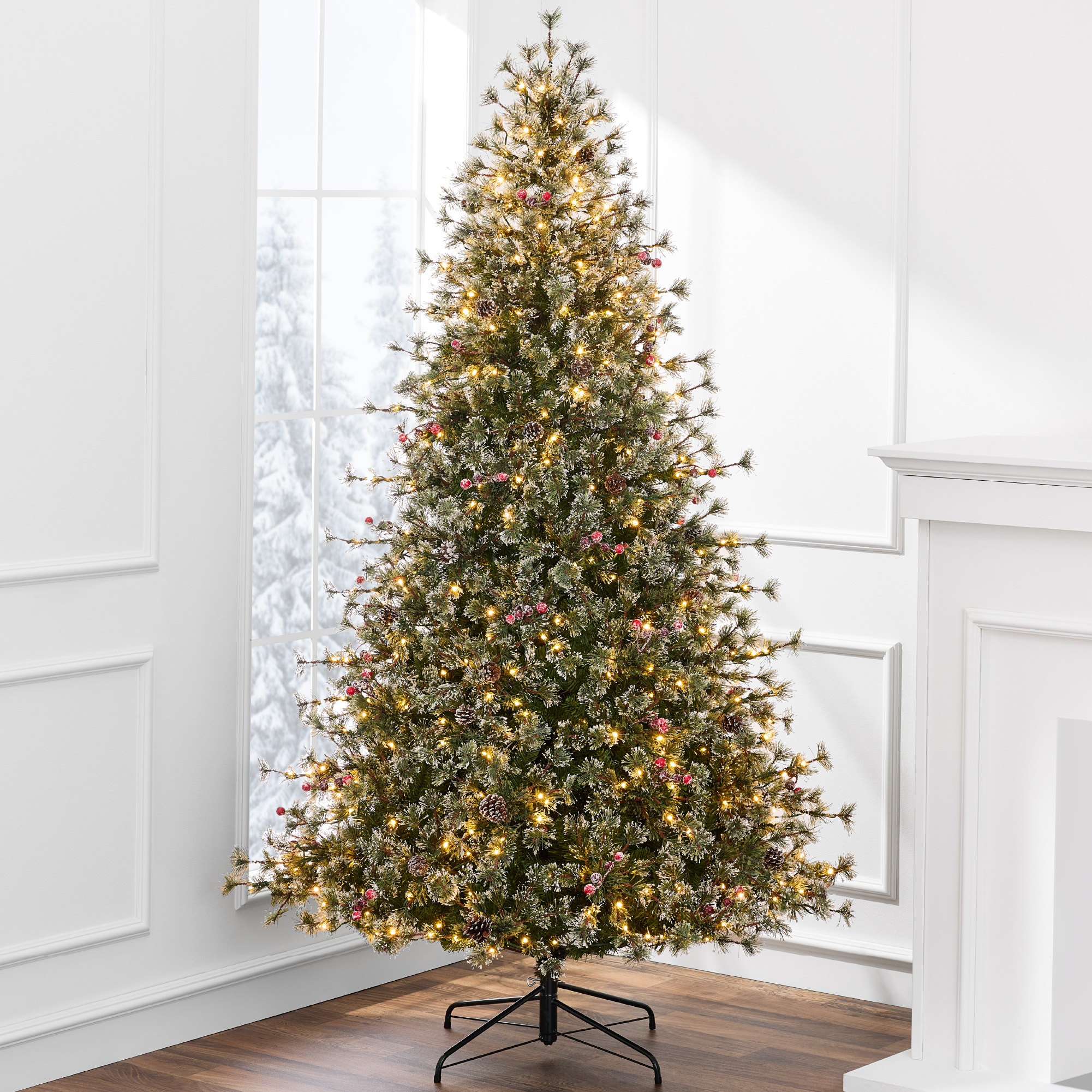 9ft Pre-Lit Semi-Flocked Weeping Pine Christmas Tree w/ 1,968 Branch Tips, 900 LED Lights - Best Choice Products Online