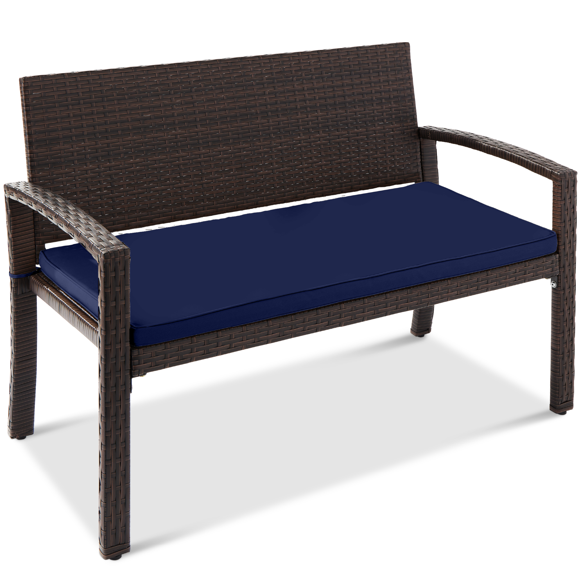 2-Person Wicker Bench, Outdoor Patio Garden Porch Furniture w/ 700lb Capacity, Cushion - Navy/Brown - Best Choice Products Online