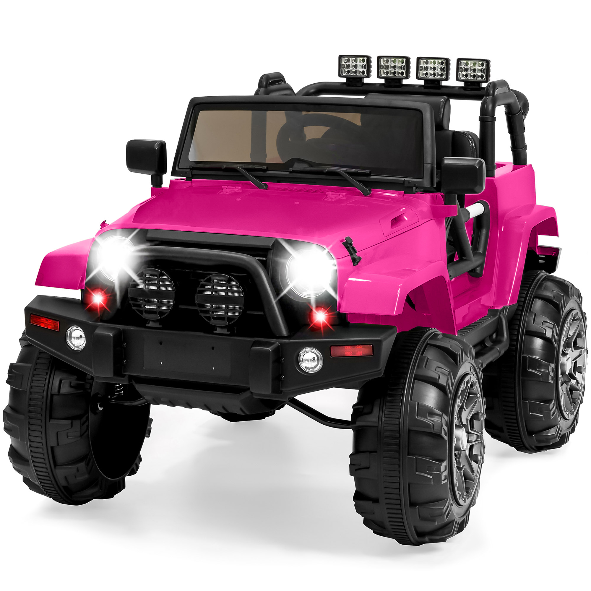 Large Ride On Truck 12V Electric Driving Car Toy For Kids w/ Parental Remote Control, Bluetooth, LED Lights - Hot Pink - Best Choice Products