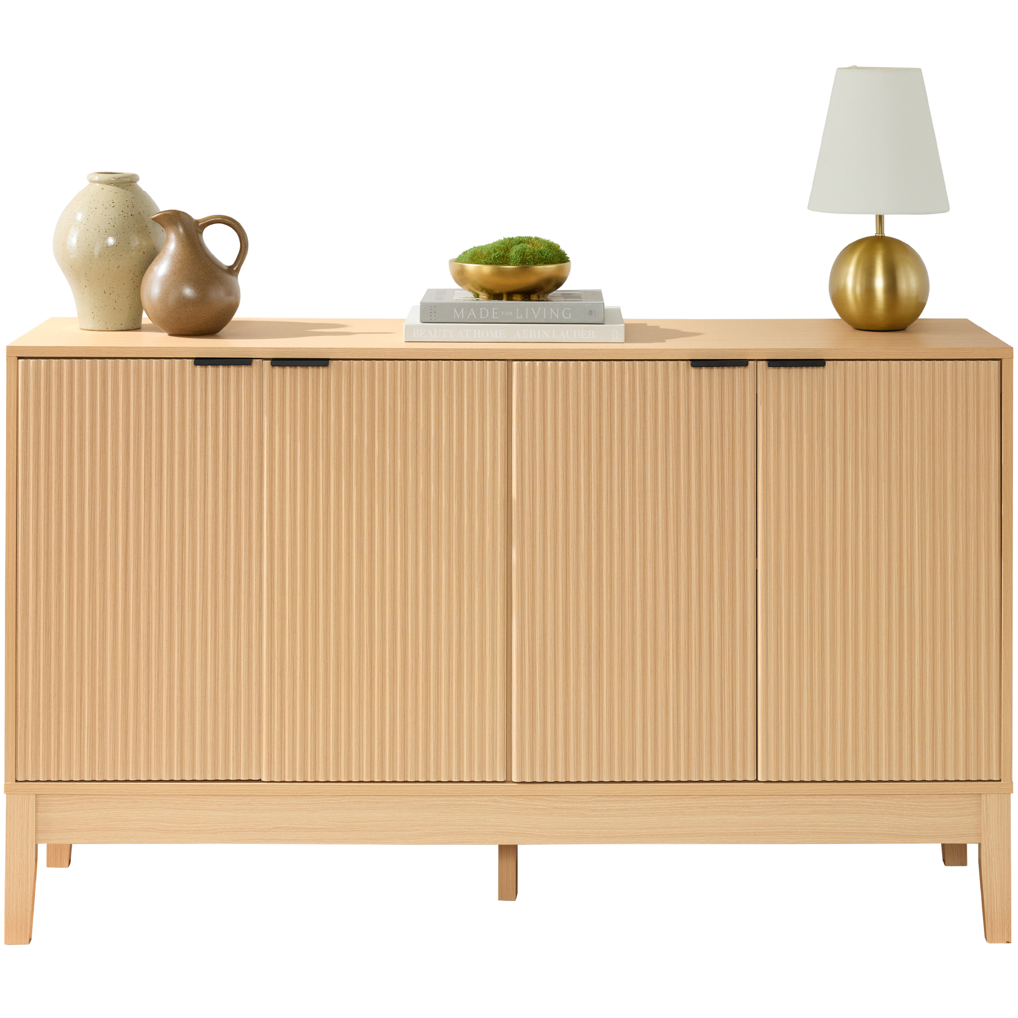 4-Door Reeded Storage Cabinet w/ Soft-Close Doors, Multipurpose Accent Furniture - Natural - Best Choice Products Online