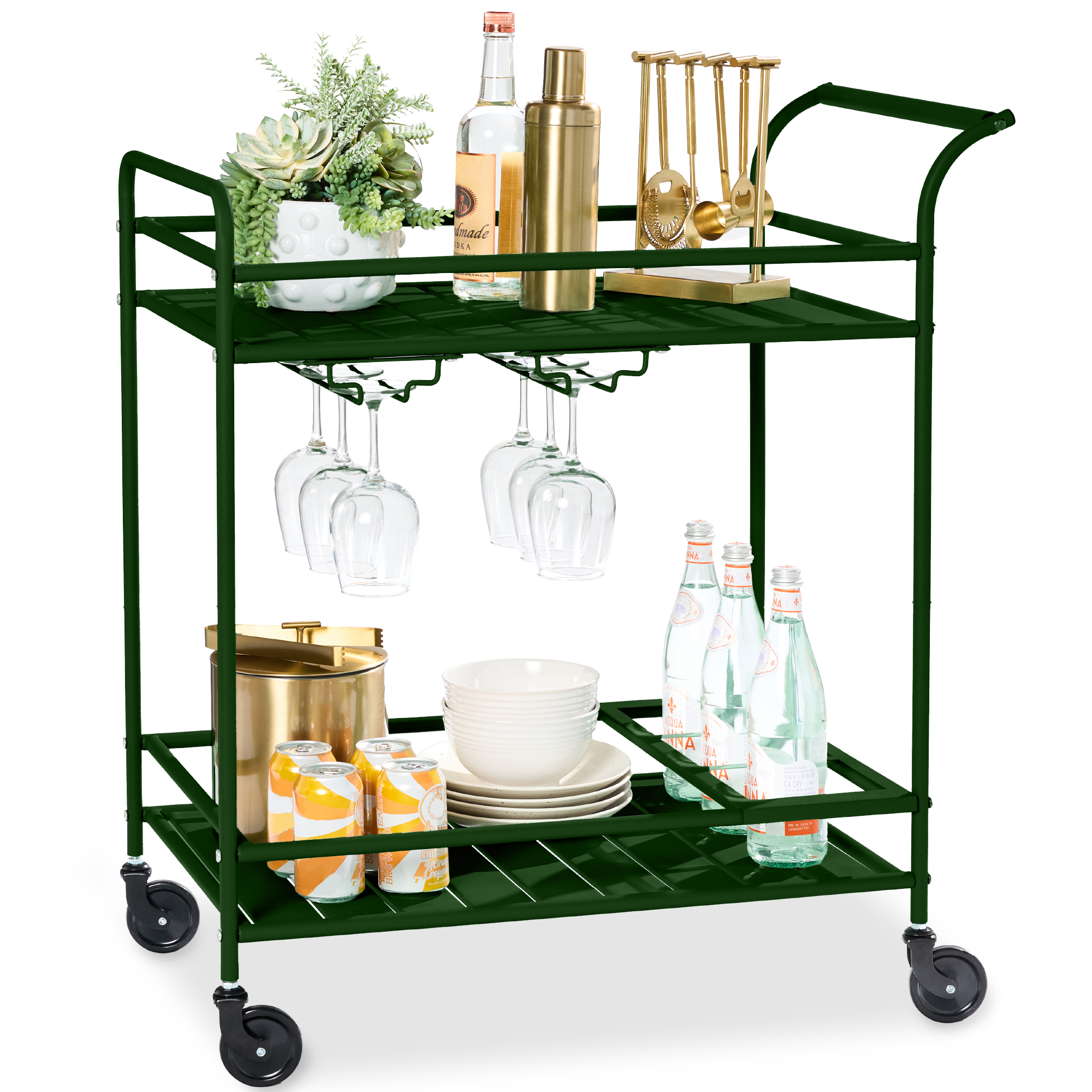 2-Tier Rolling Bar Cart Indoor/Outdoor w/ Storage Shelves, Wine Rack, Lockable Wheels - Deep Green - Best Choice Products Online