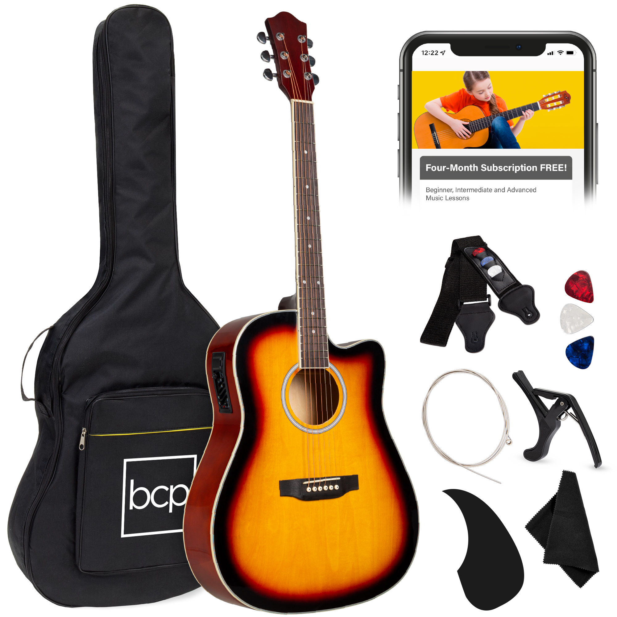 41in Full Size Acoustic Electric Cutaway Guitar Set w/ Capo, E-Tuner, Bag, Picks, Strap - Sunburst