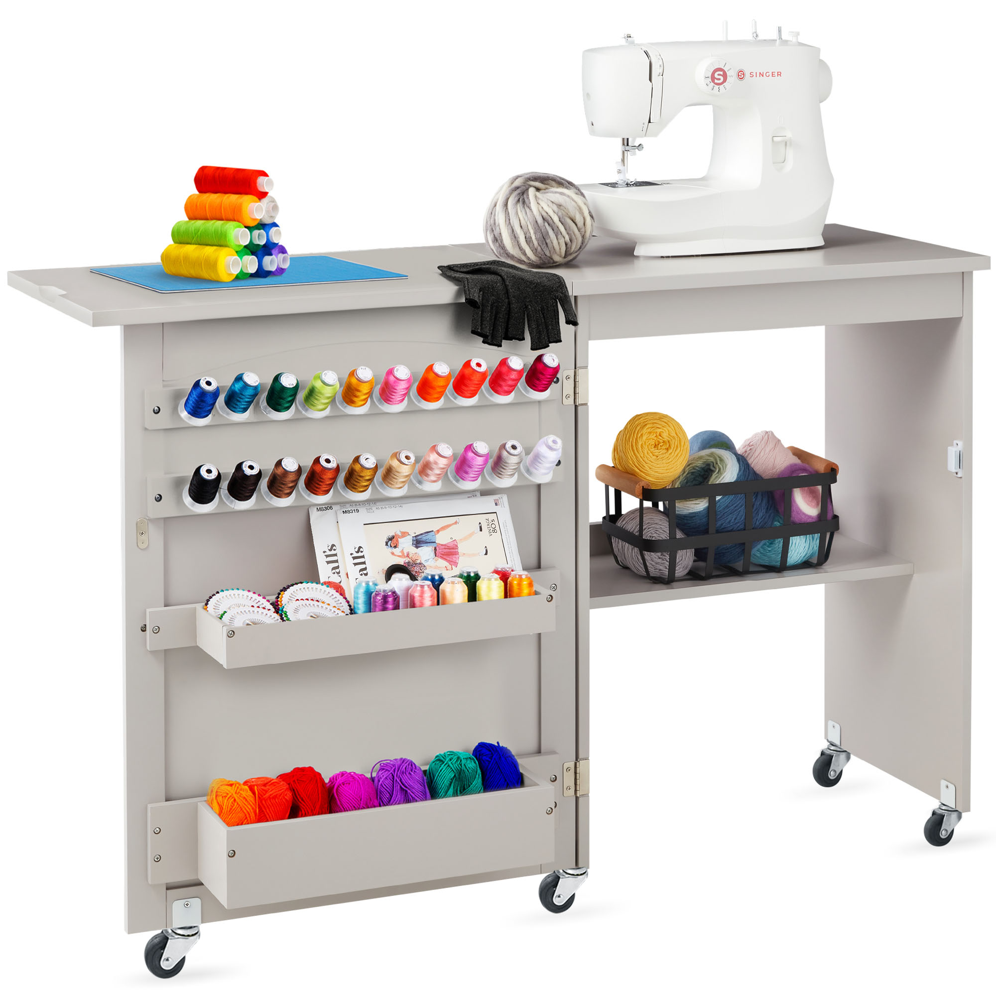 Folding Sewing Craft Table, Multipurpose Station & Side Desk w/ Wheels, Shelves, Bins, Pegs - Gray - Best Choice Products Online