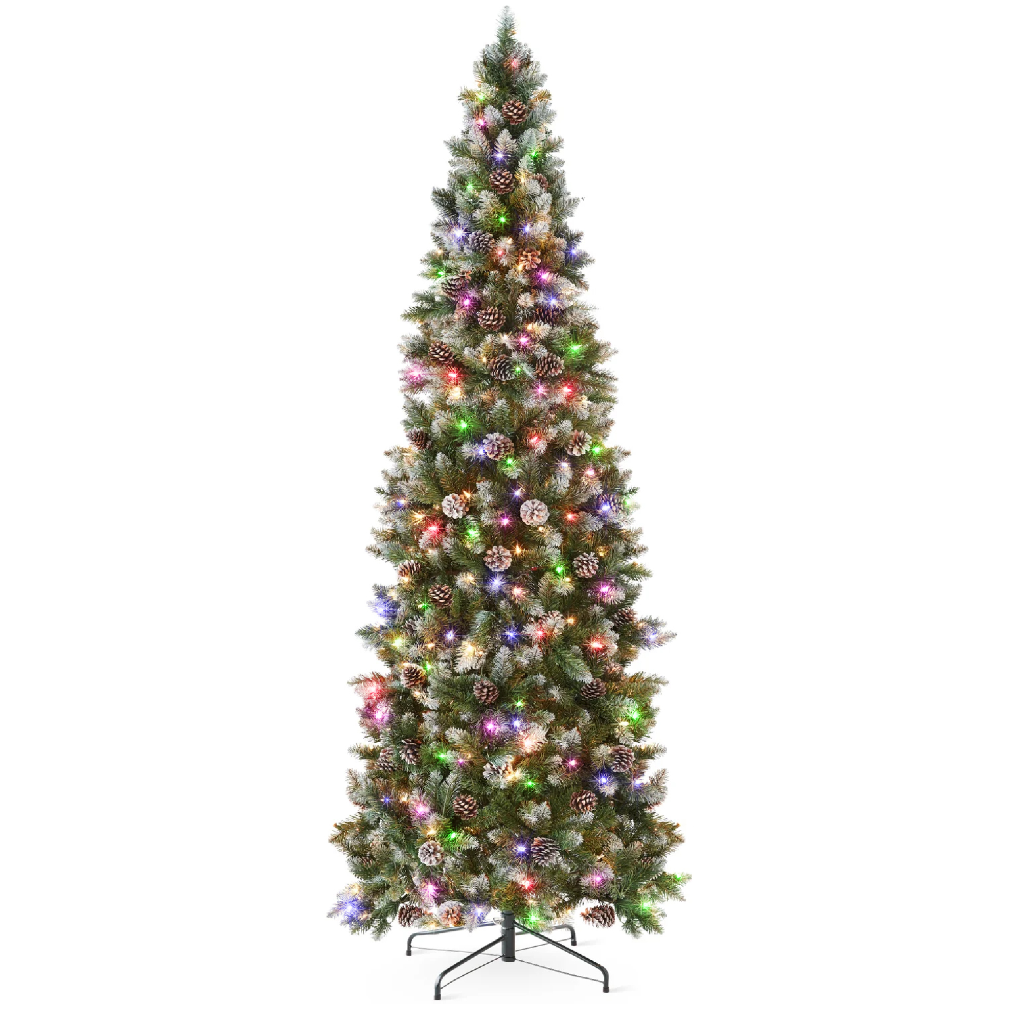 9ft Pre-Lit Partially Flocked Pencil Christmas Tree w/ 450 2-in-1 Multicolor LED Lights - Best Choice Products Online