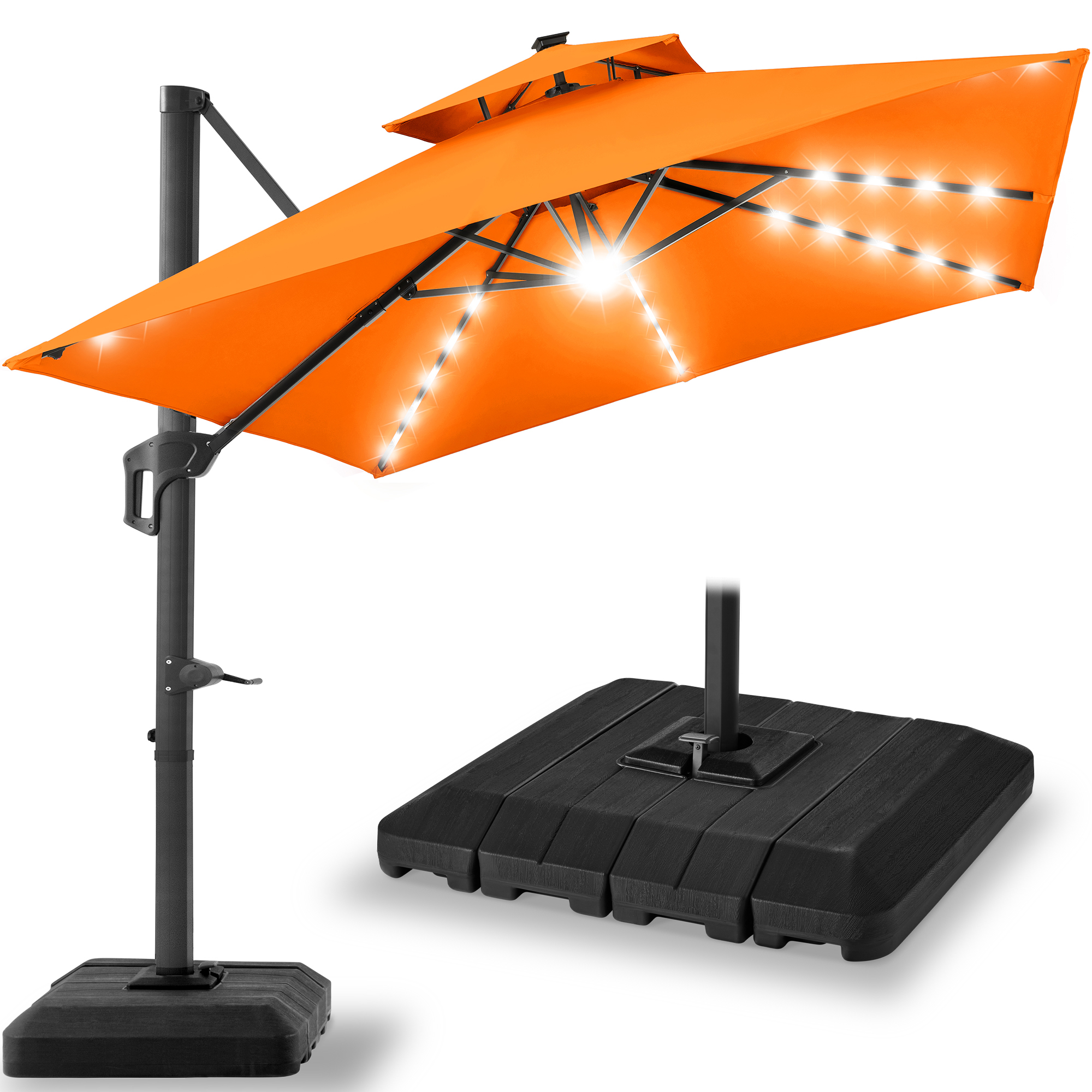 10ft 2-Tier Square Outdoor Solar LED Cantilever Patio Umbrella w/ Base Included - Orange - Best Choice Products Online