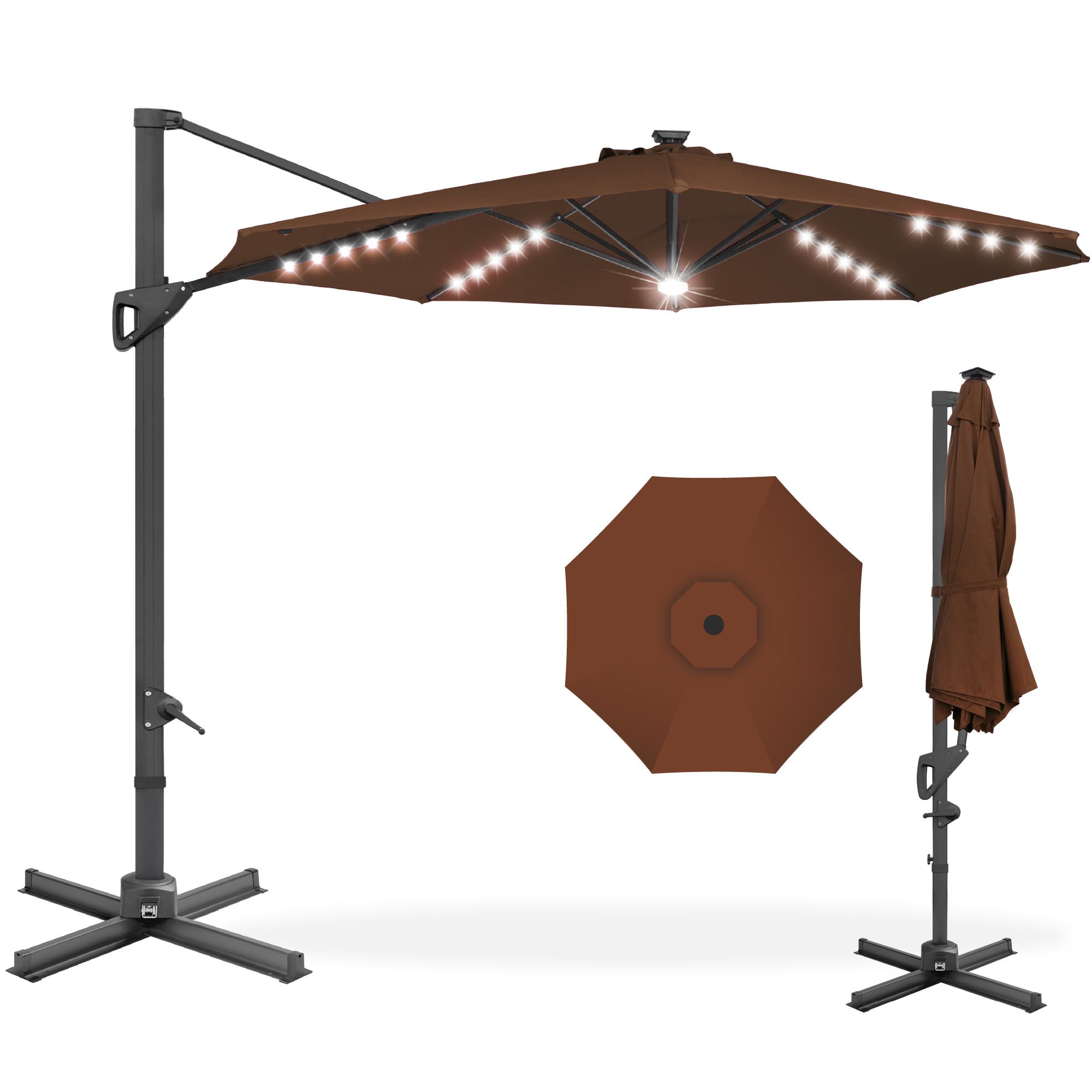 10ft Cantilever Offset Patio Umbrella w/ Solar LED Lighting, Track Tilt, 360° Rotation - Brown - Best Choice Products Online