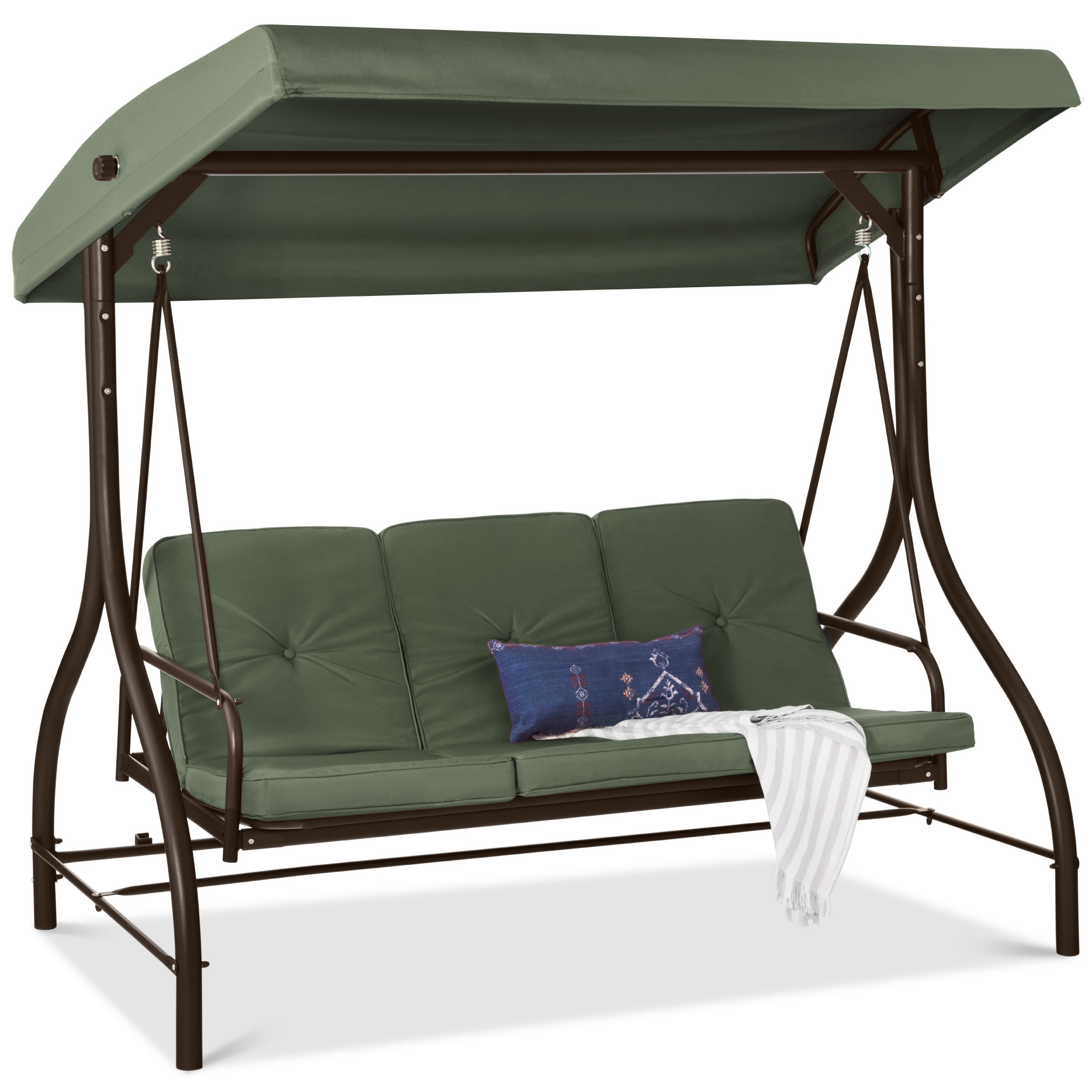 3-Seat Outdoor Canopy Swing Glider Patio Hammock w/ Converting Flatbed Backrest, Removable Cushions - Midnight Green - Best Choice Products Online