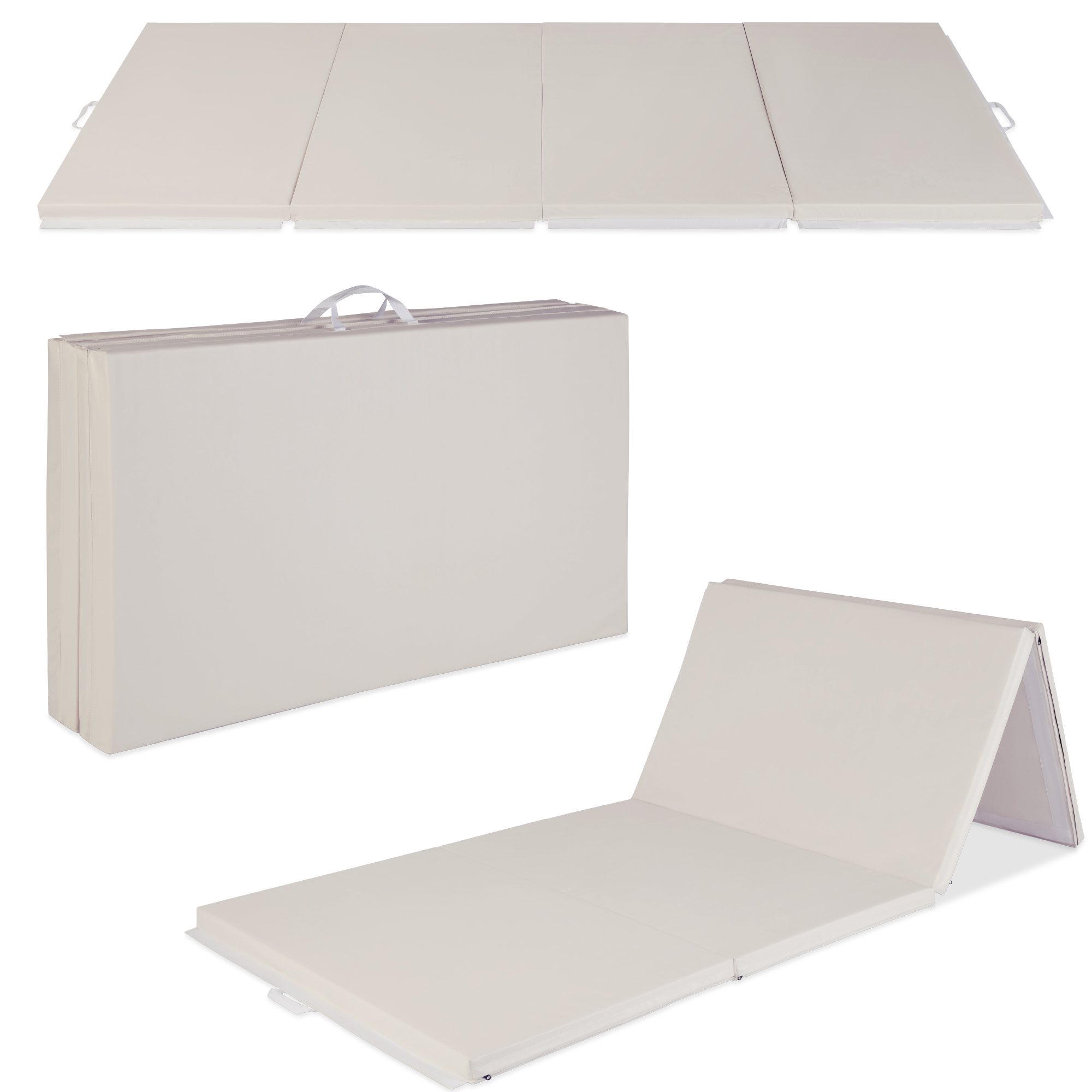 Folding Gymnastics Mat 4-Panel Exercise Workout Fitness Floor Mat w/ Handles, 10ftx4ftx2in - Sand - Best Choice Products Online