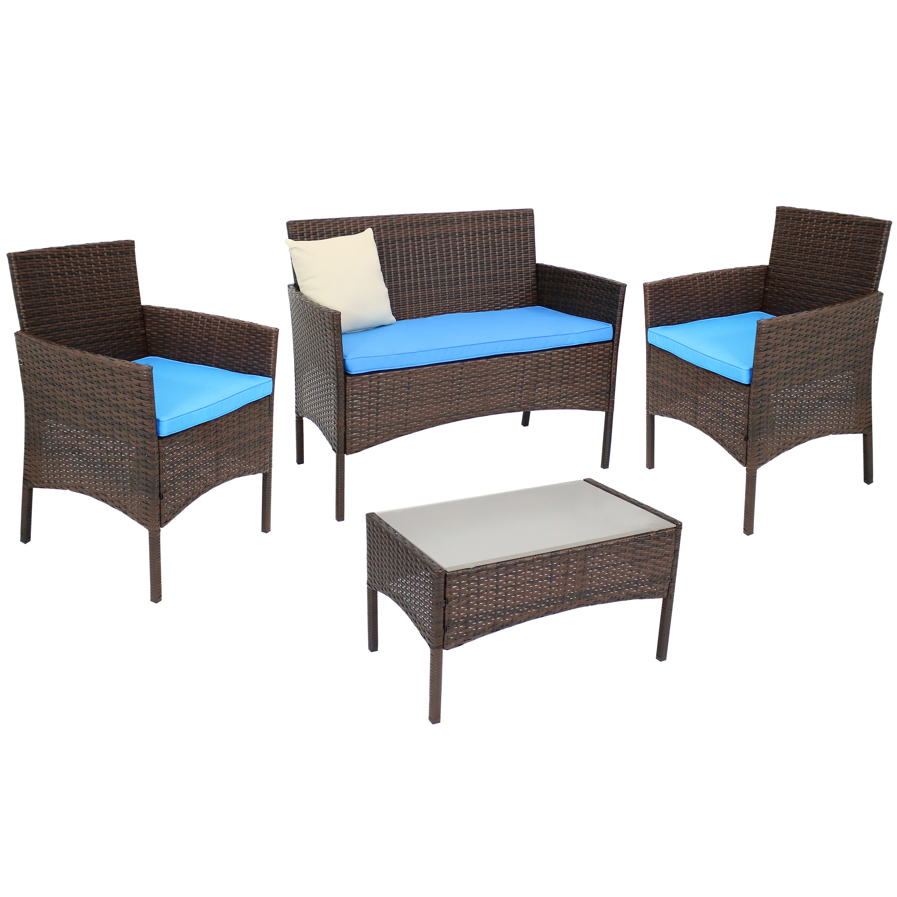 Sunnydaze Dunmore 4-Piece Patio Set - Mixed Brown Rattan and Blue Cushions