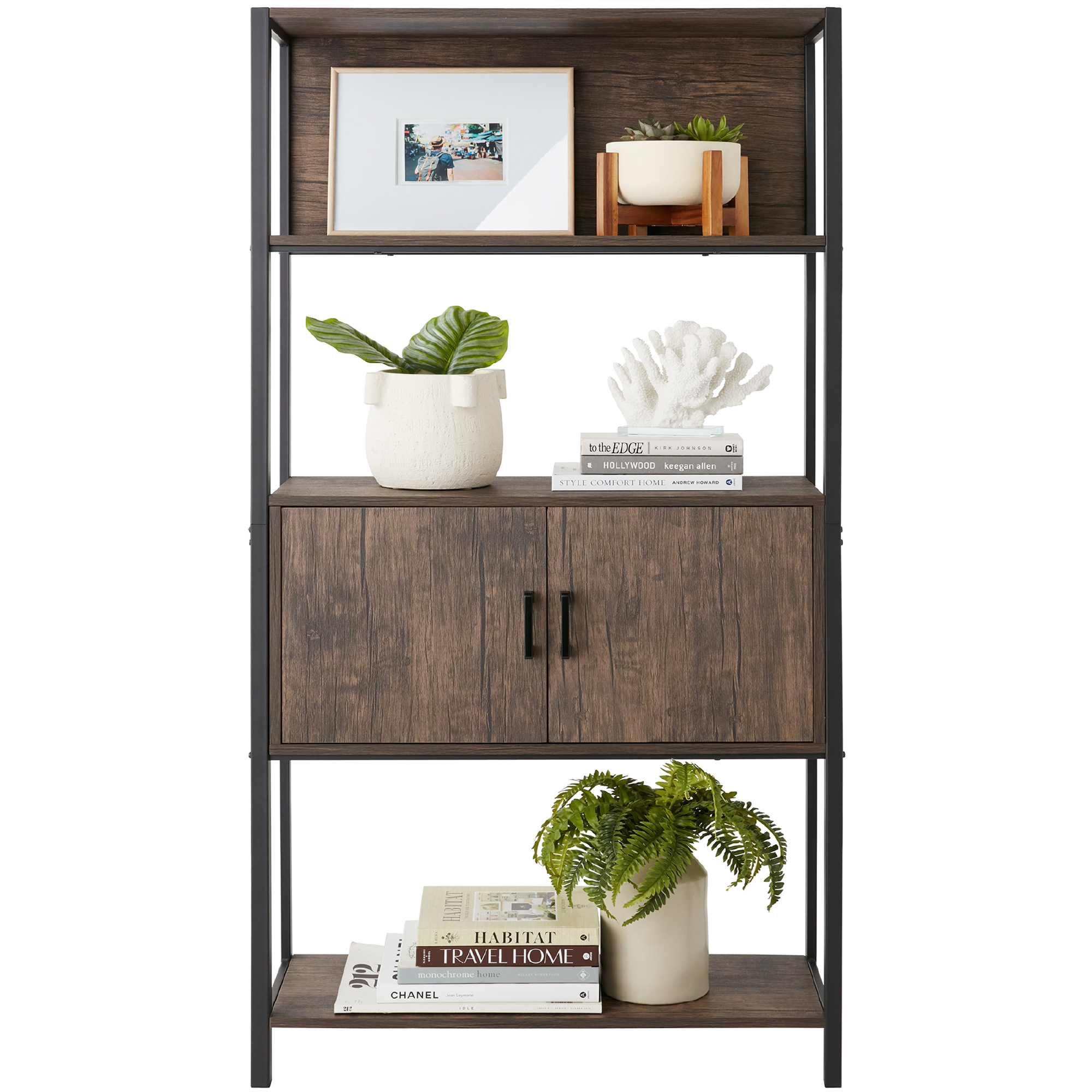 Storage Bookshelf For Living Room, Walkway w/ Enclosed Cabinet, Elevated Design - Dark Walnut | Best Choice Products Online