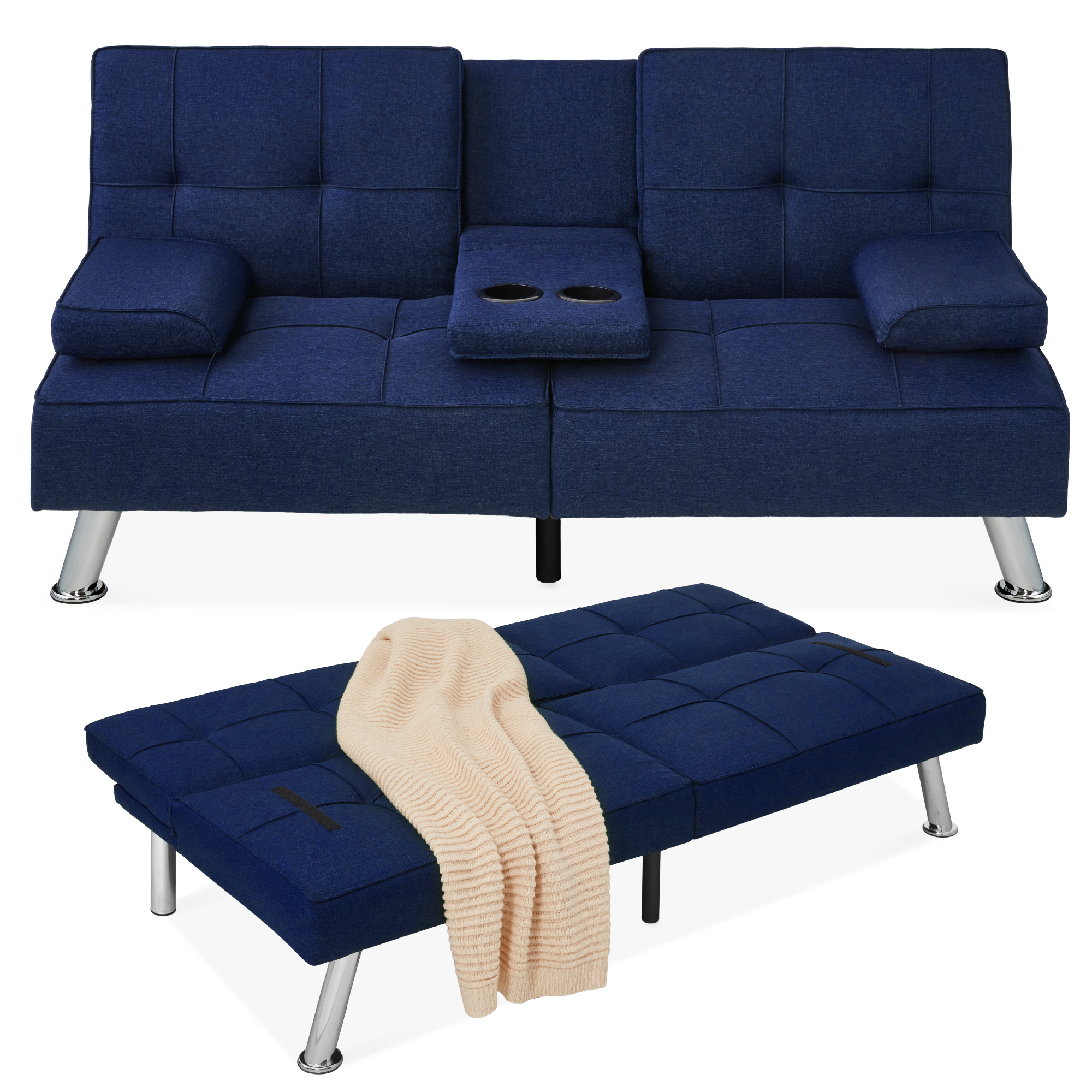 Linen Upholstered Convertible Sofa Bed Futon, Modern Design w/ Removable Armrests, Metal Legs, 2 Cupholders - Dark Blue - Best Choice Products Online