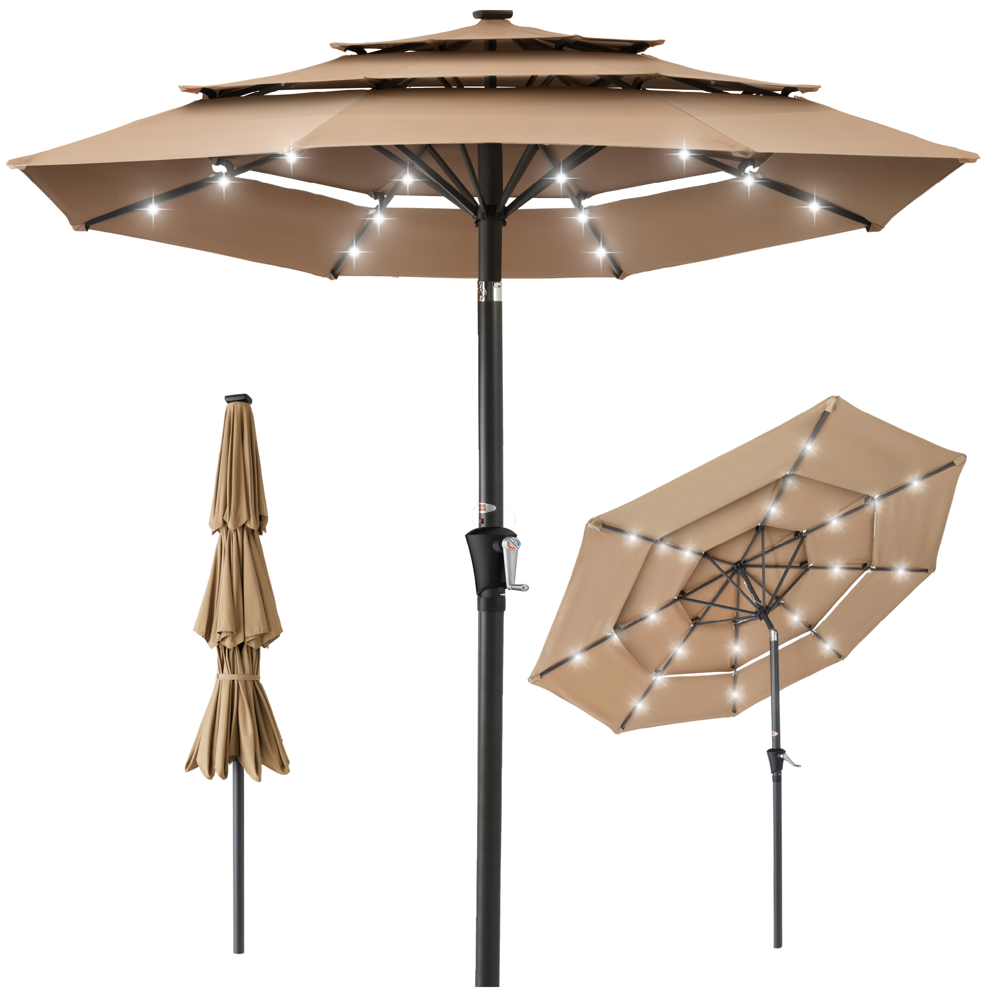 10ft 3-Tier Solar Patio Umbrella w/ 24 LED Lights, Tilt Adjustment, Easy Crank - Tan - Best Choice Products Online