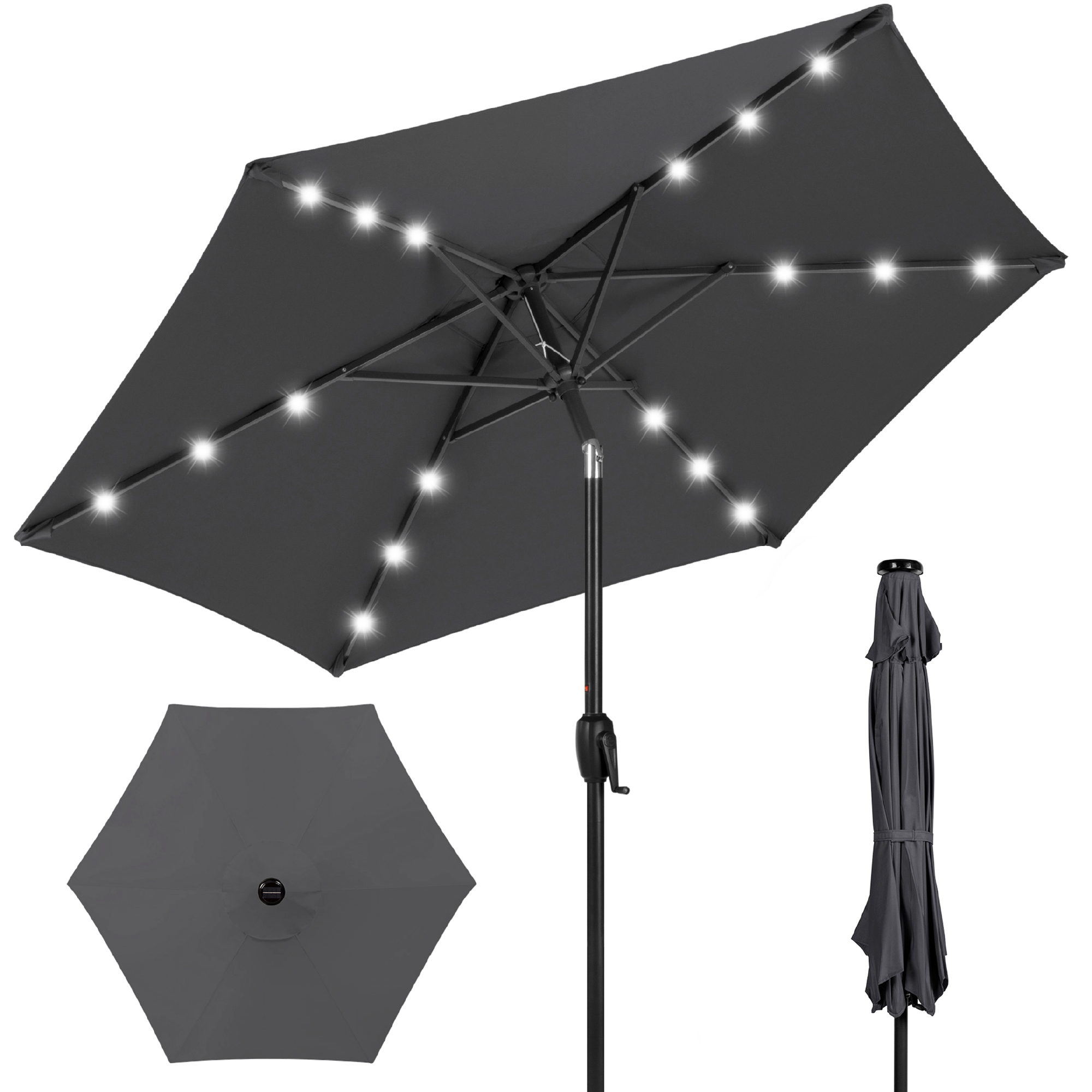 7.5ft Patio Umbrella w/ Solar LED Lights For Deck, Pool w/ Push Button Tilt & Easy Crank Lift - Gray | Best Choice Products Online