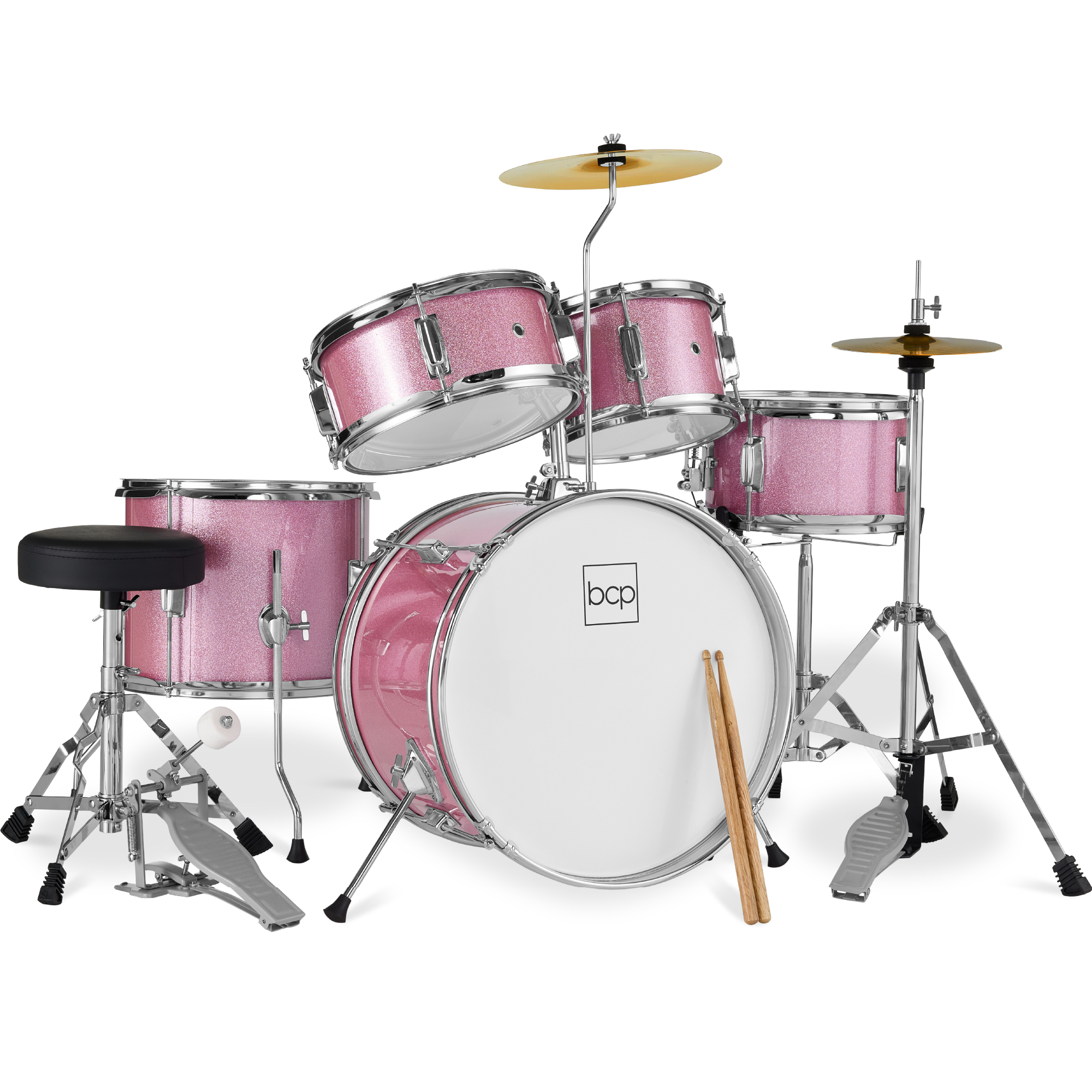 Best Choice Products 5-Piece Kids Beginner Junior Drum Set, Percussion Instrument Starter Kit w/ Stool - Pink Sparkle