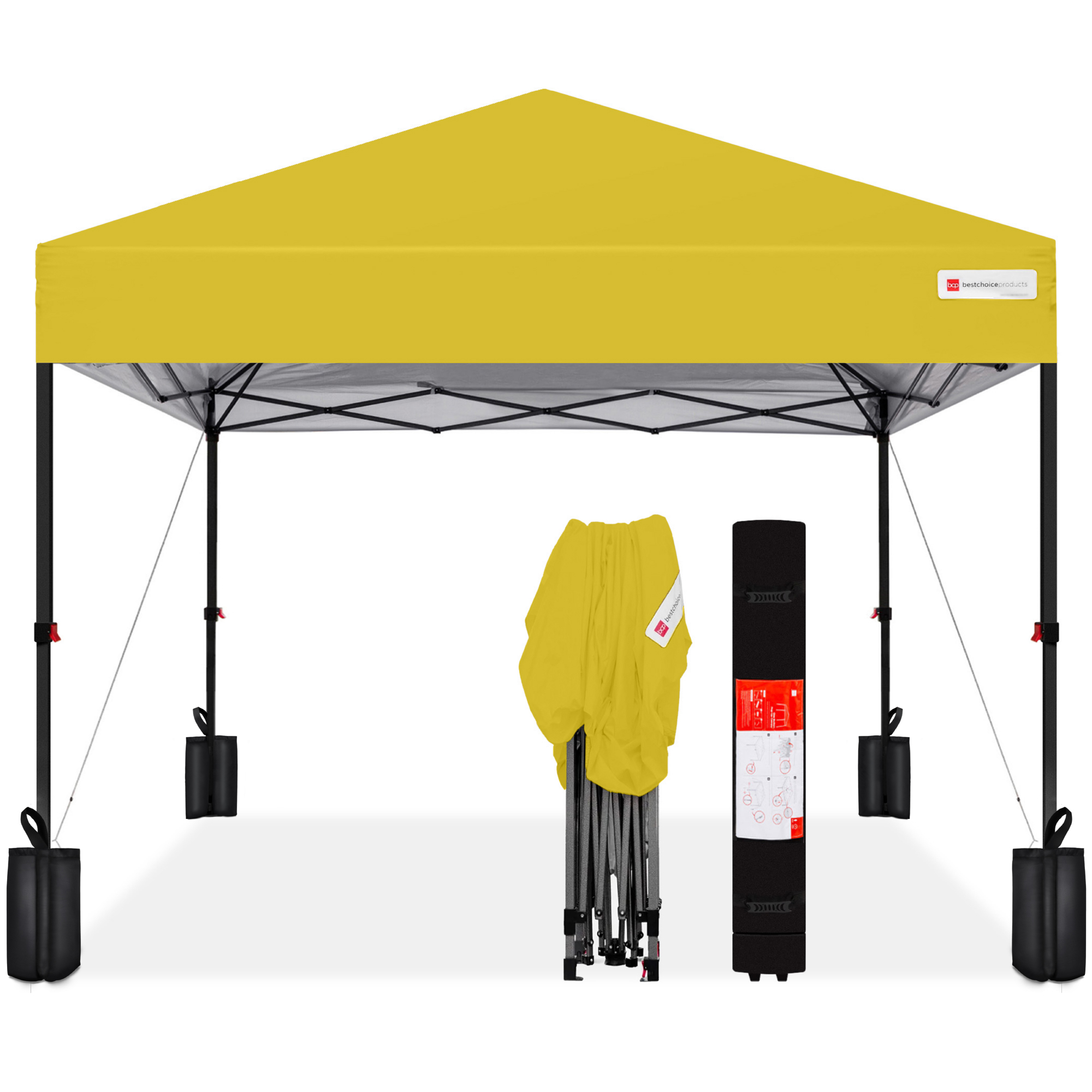 8x8ft Easy Setup Instant Pop Up Canopy w/ 1-Button Setup, Wheeled Case, 4 Weight Bags - Yellow - Best Choice Products Online