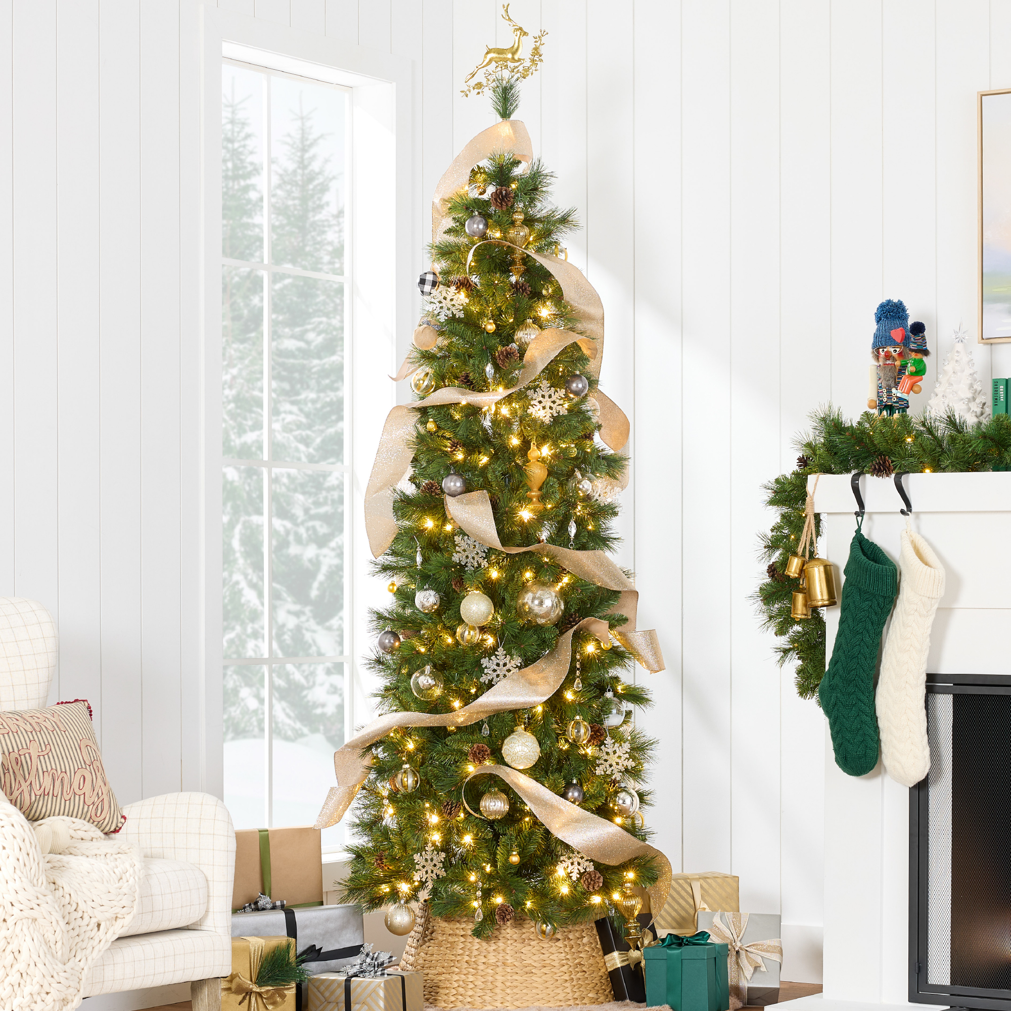 9ft Pre-Lit Artificial Scotch Pine Pencil Christmas Tree w/ 500 LED Lights, Metal Stand - Best Choice Products Online