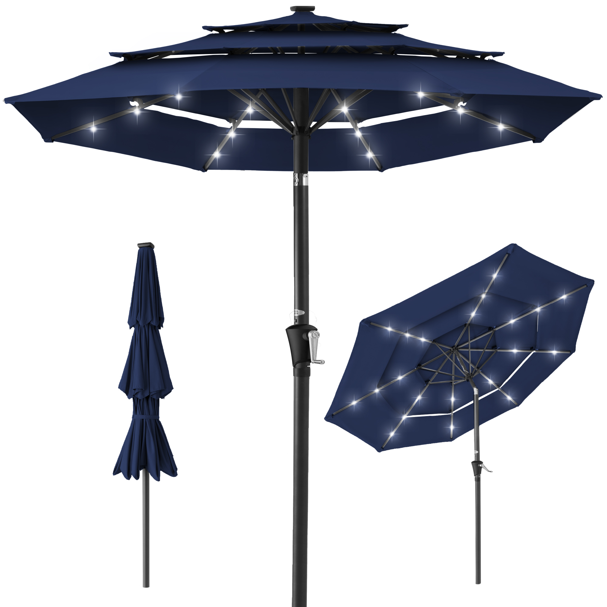 10ft 3-Tier Solar Patio Umbrella w/ 24 LED Lights, Tilt Adjustment, Easy Crank - Navy - Best Choice Products Online