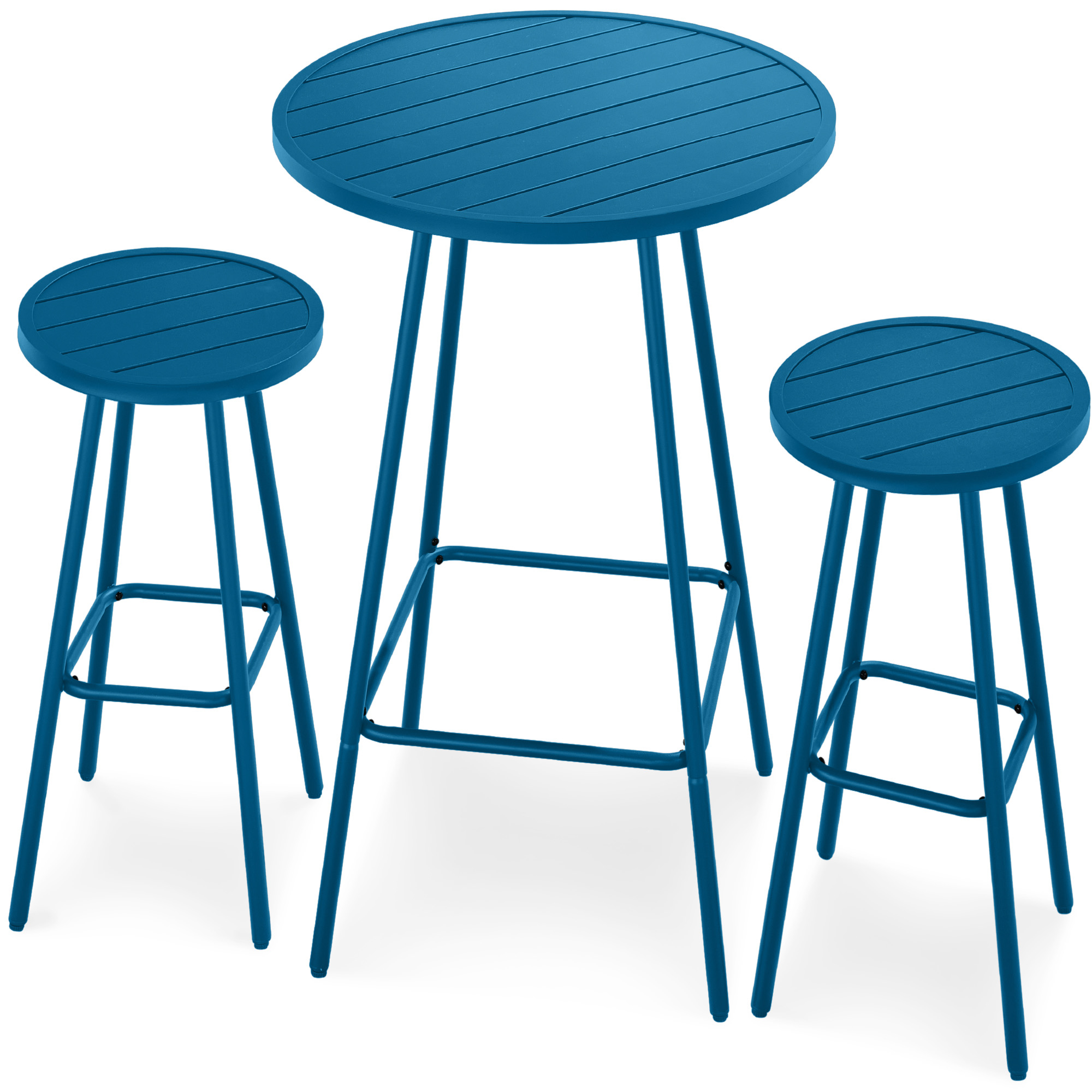3-Piece Steel Patio Bar Height Round Bistro Set w/ Backless Stools, Slatted Design - Peacock Blue - Best Choice Products Online