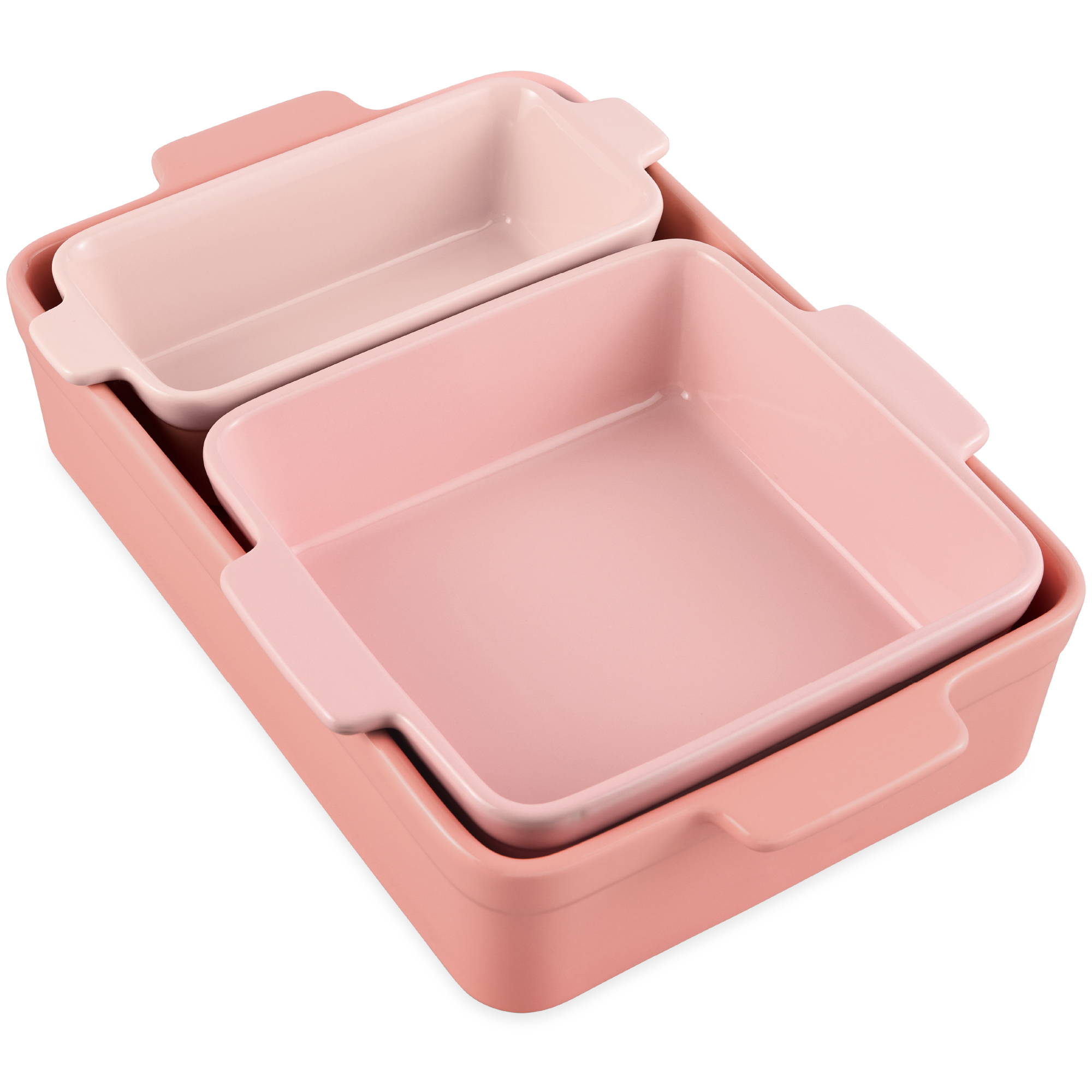 Ceramic Nesting Bakeware Set of 3 Casserole, Loaf & Square Baking Dishes w/ Handles - Pink Champagne - Best Choice Products Online