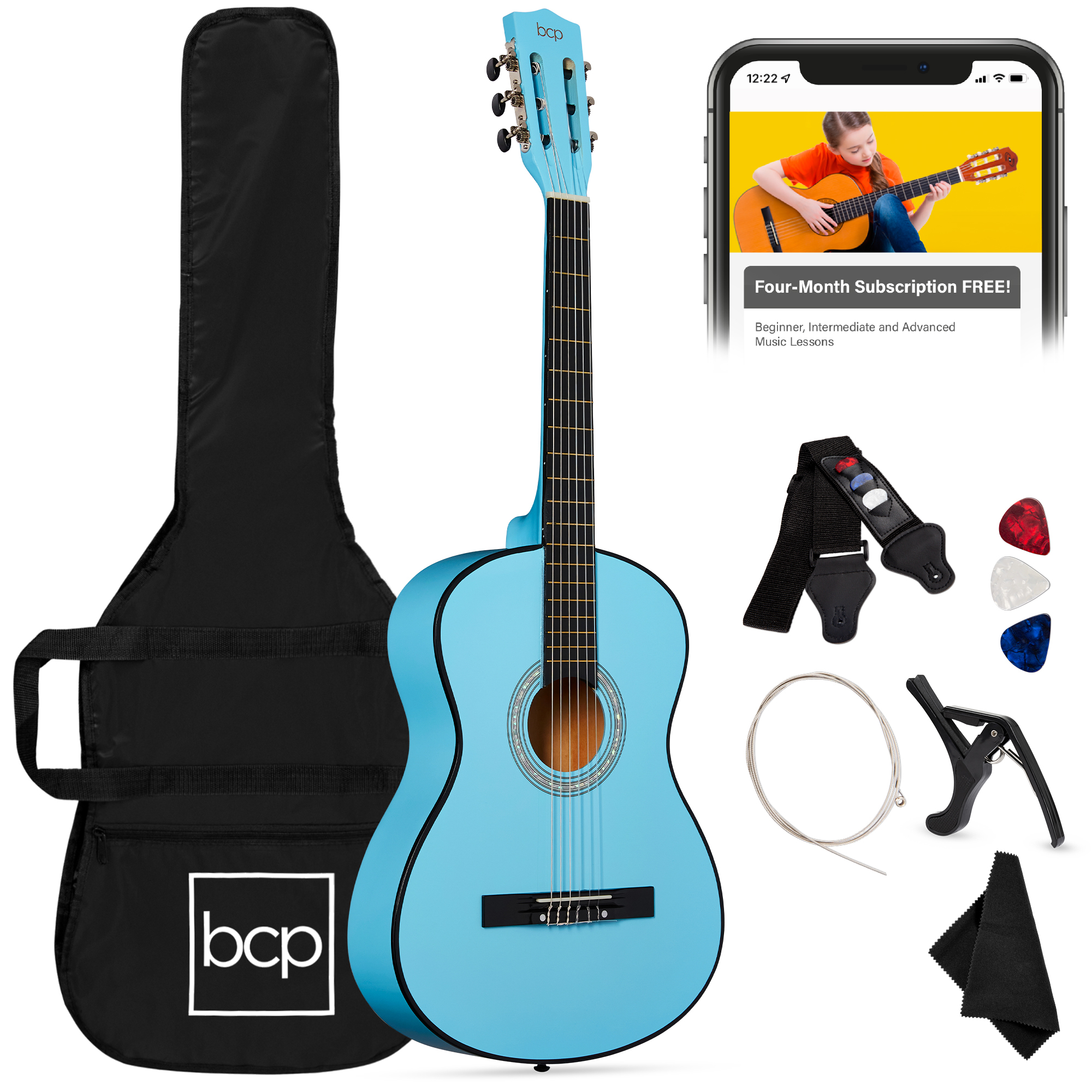 38in Beginner Acoustic Guitar Starter Kit w/ Case, Strap, Digital Tuner, Strings - Light Blue - Best Choice Products Online