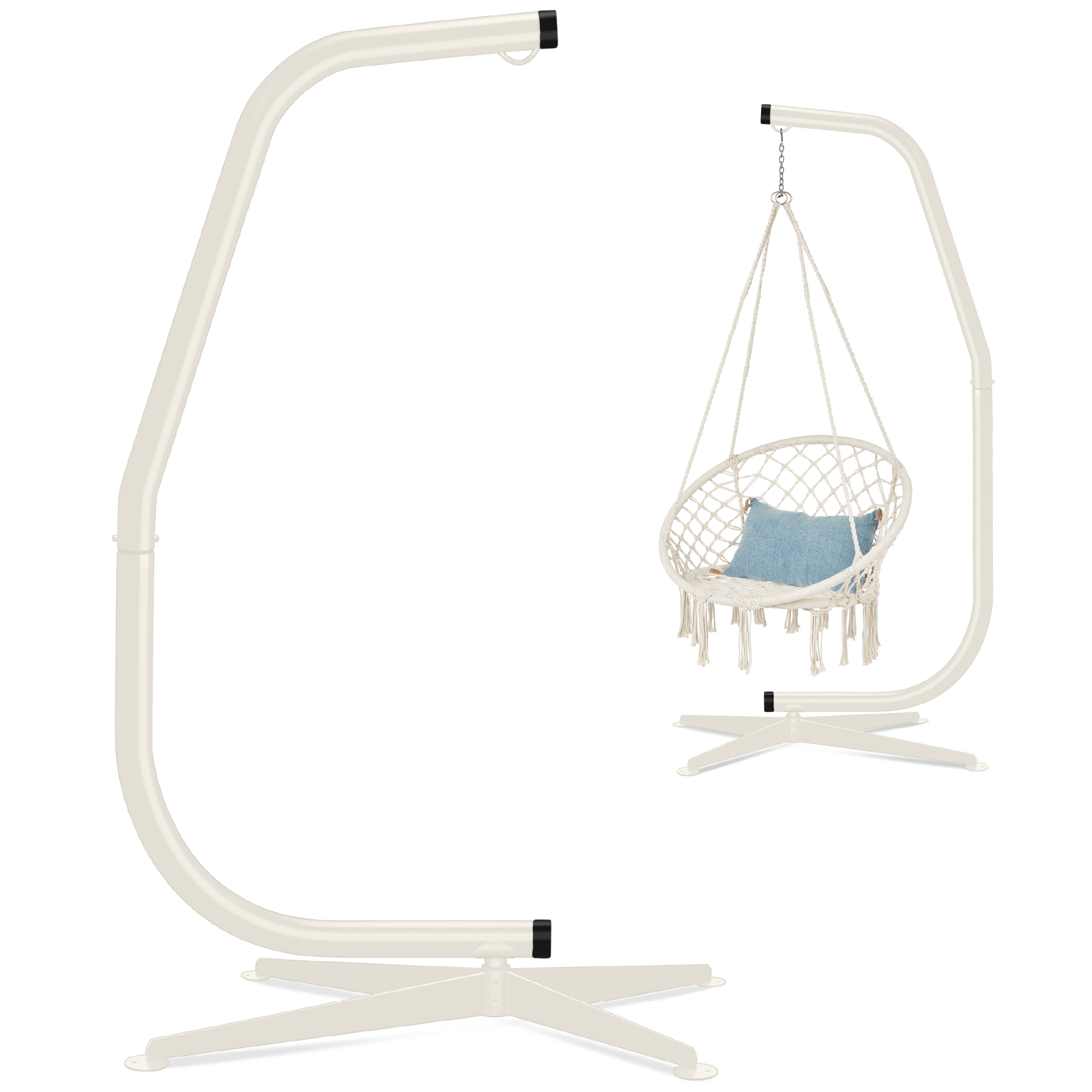 Curved Hanging Hammock C-Stand w/ All-Weather Resistant Finish, Steel Frame, Offset Base - Stand Only - Beige - Best Choice Products Online