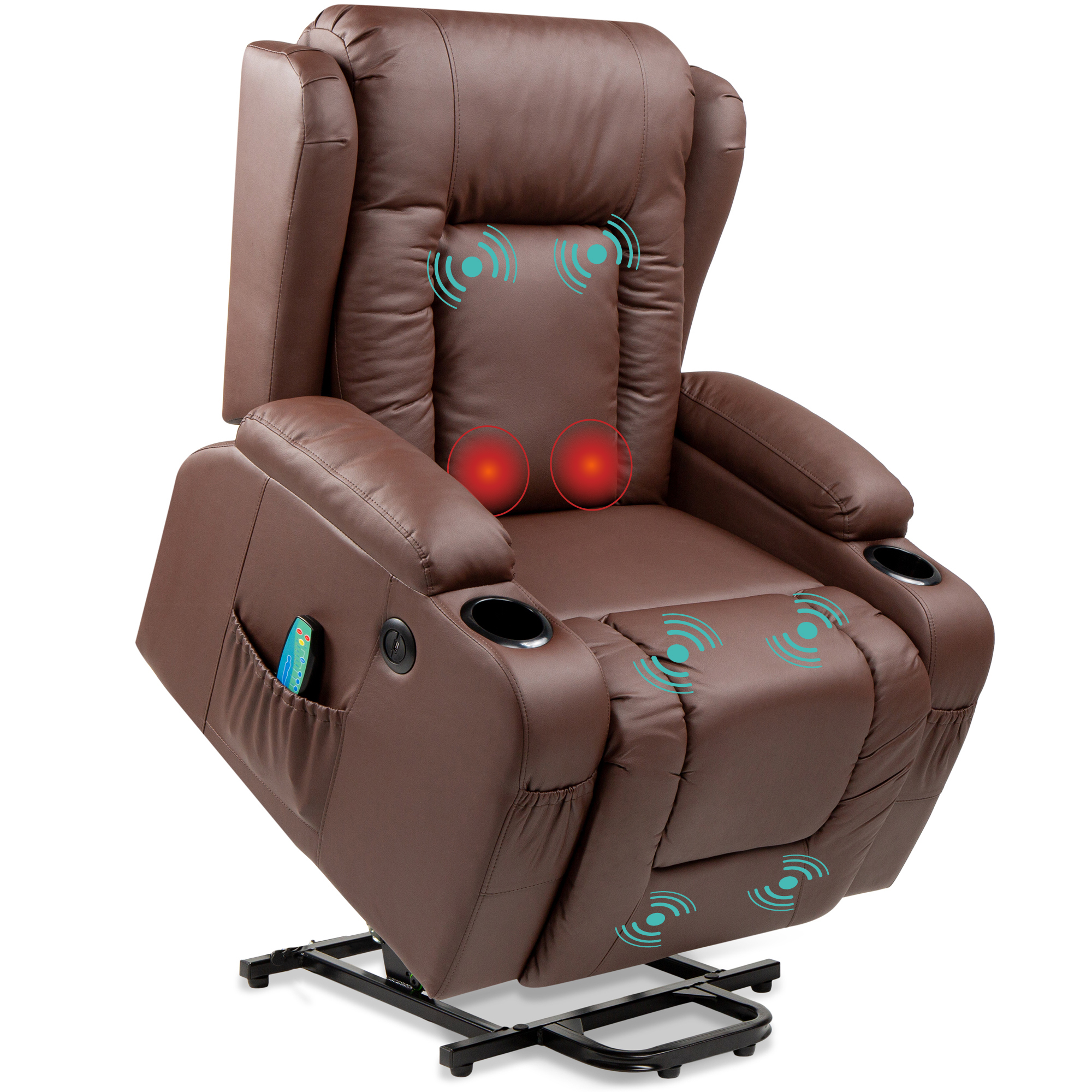 Power Lift Recliner Massage Chair Furniture w/ USB Port, Heat, Cupholders - Brown - Best Choice Products Online